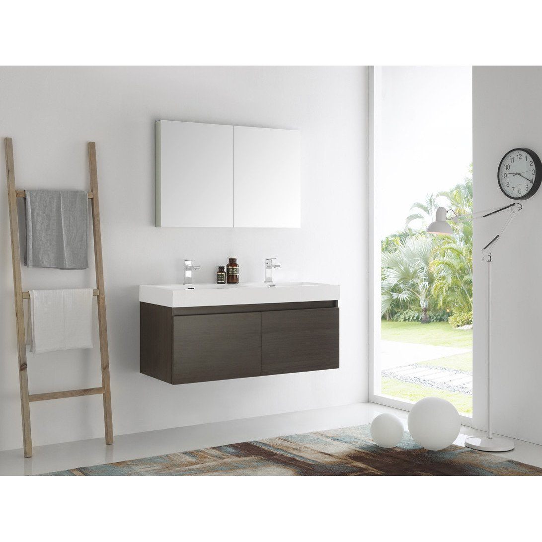 Fresca Mezzo 48" Gray Oak Wall Hung Double Sink Modern Bathroom Vanity w/ Medicine Cabinet & Free Faucet Vanity Fresca 