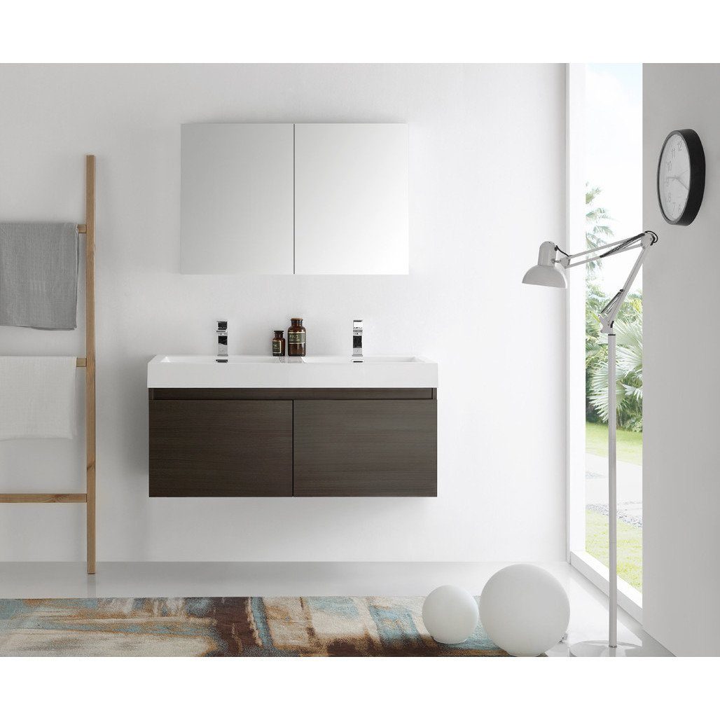 Fresca Mezzo 48" Gray Oak Wall Hung Double Sink Modern Bathroom Vanity w/ Medicine Cabinet & Free Faucet Vanity Fresca 