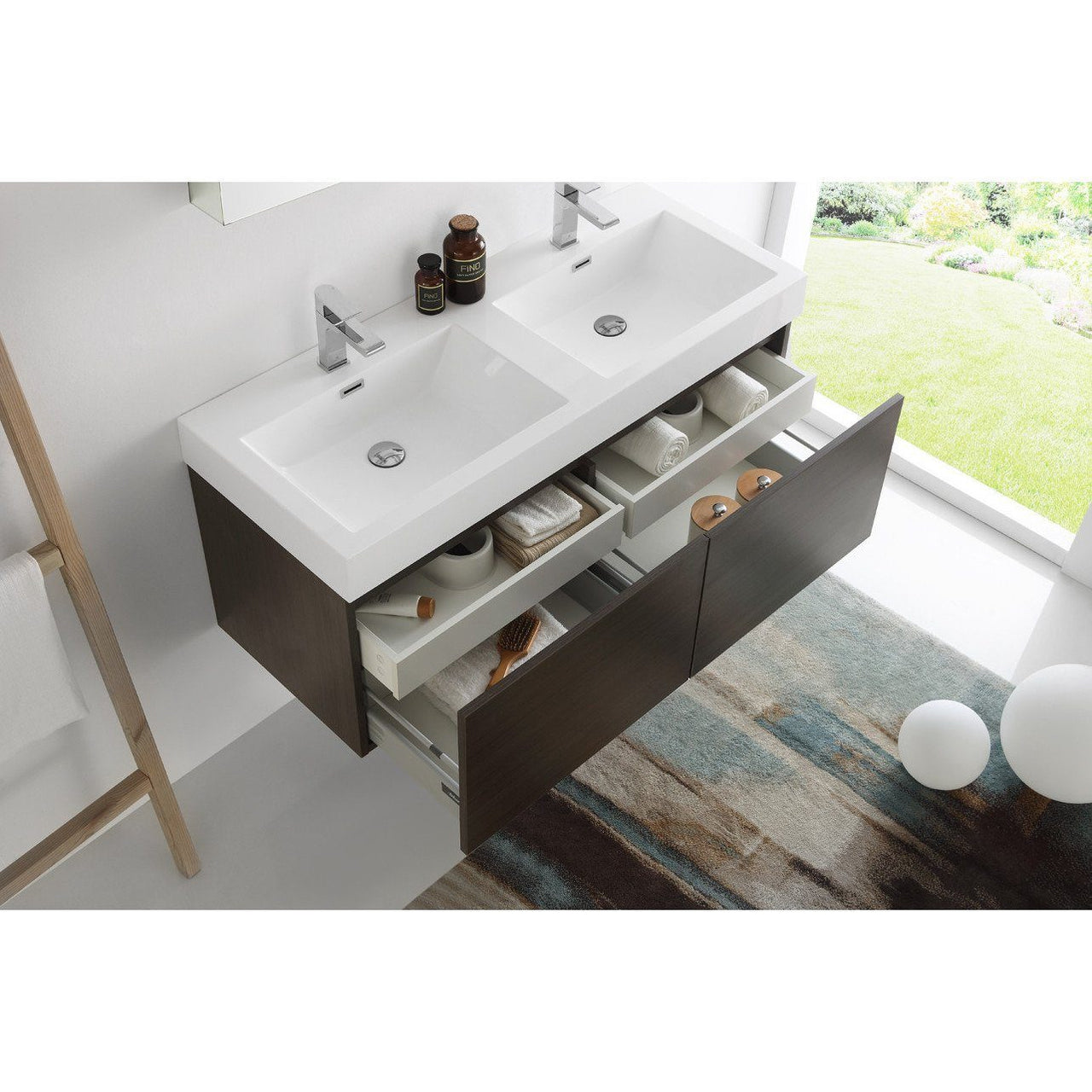 Fresca Mezzo 48" Gray Oak Wall Hung Double Sink Modern Bathroom Vanity w/ Medicine Cabinet & Free Faucet Vanity Fresca 