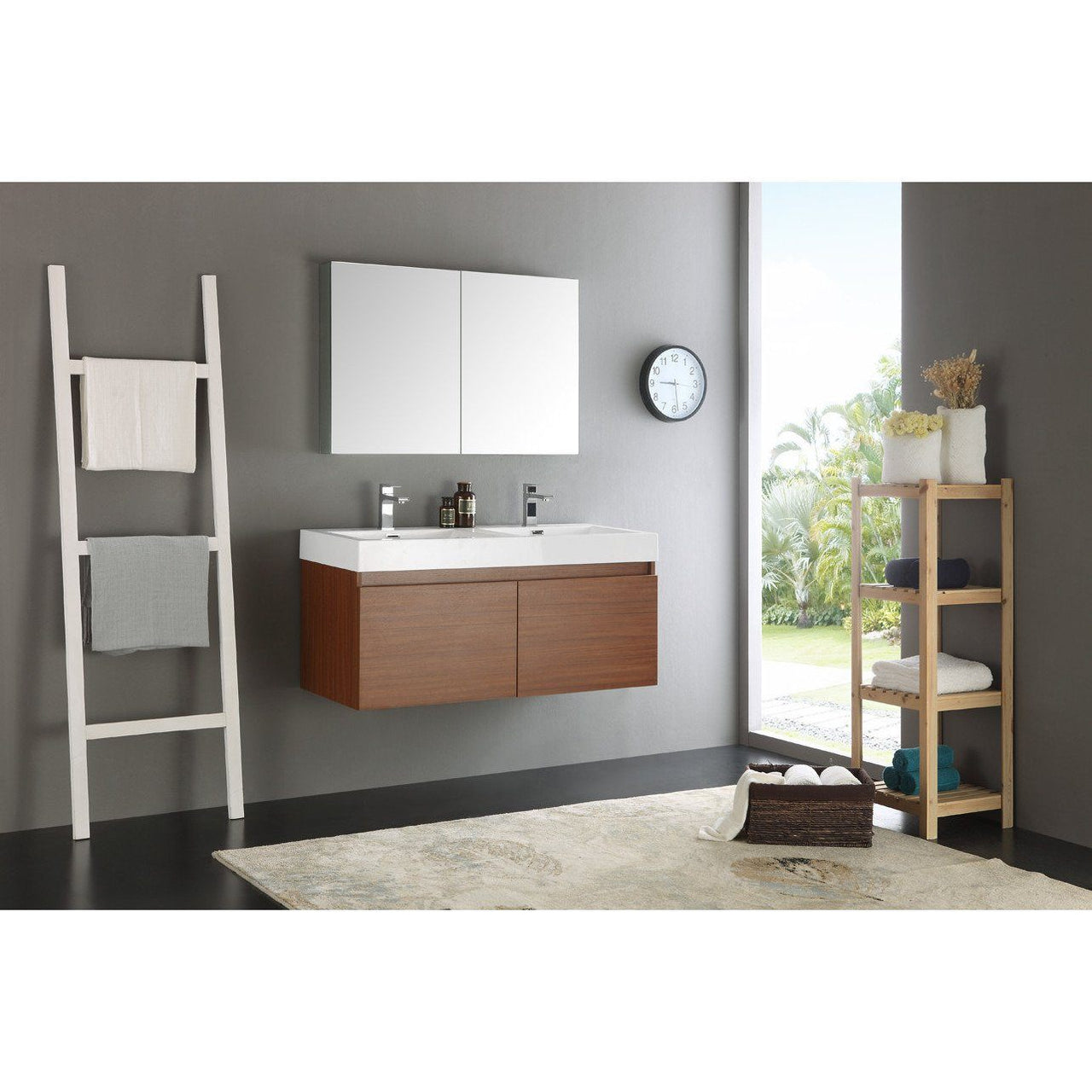 Fresca Mezzo 48" Teak Wall Hung Double Sink Modern Bathroom Vanity w/ Medicine Cabinet & Free Faucet Vanity Fresca 