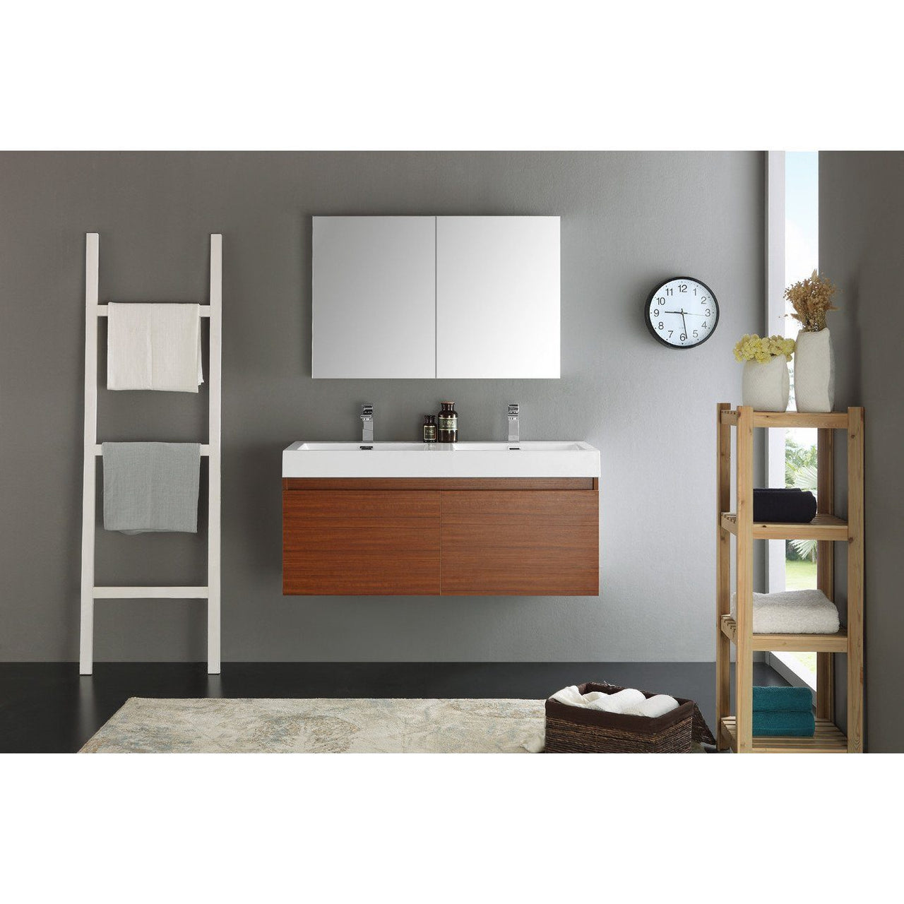 Fresca Mezzo 48" Teak Wall Hung Double Sink Modern Bathroom Vanity w/ Medicine Cabinet & Free Faucet Vanity Fresca 