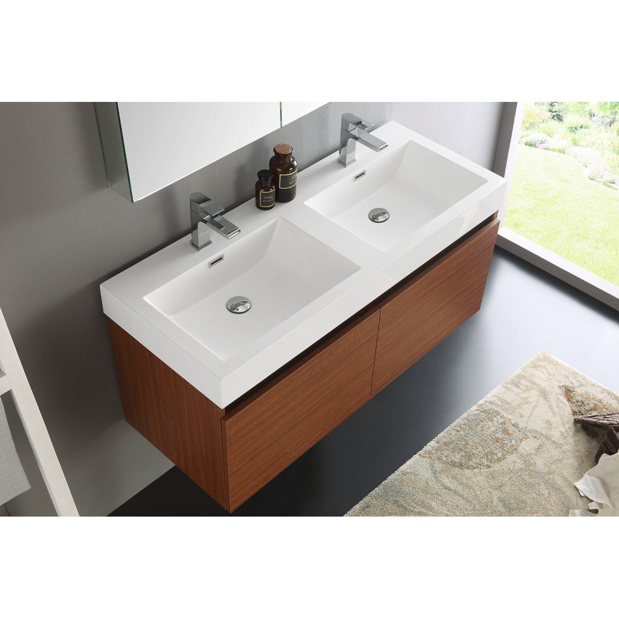 Fresca Mezzo 48" Teak Wall Hung Double Sink Modern Bathroom Vanity w/ Medicine Cabinet & Free Faucet Vanity Fresca 