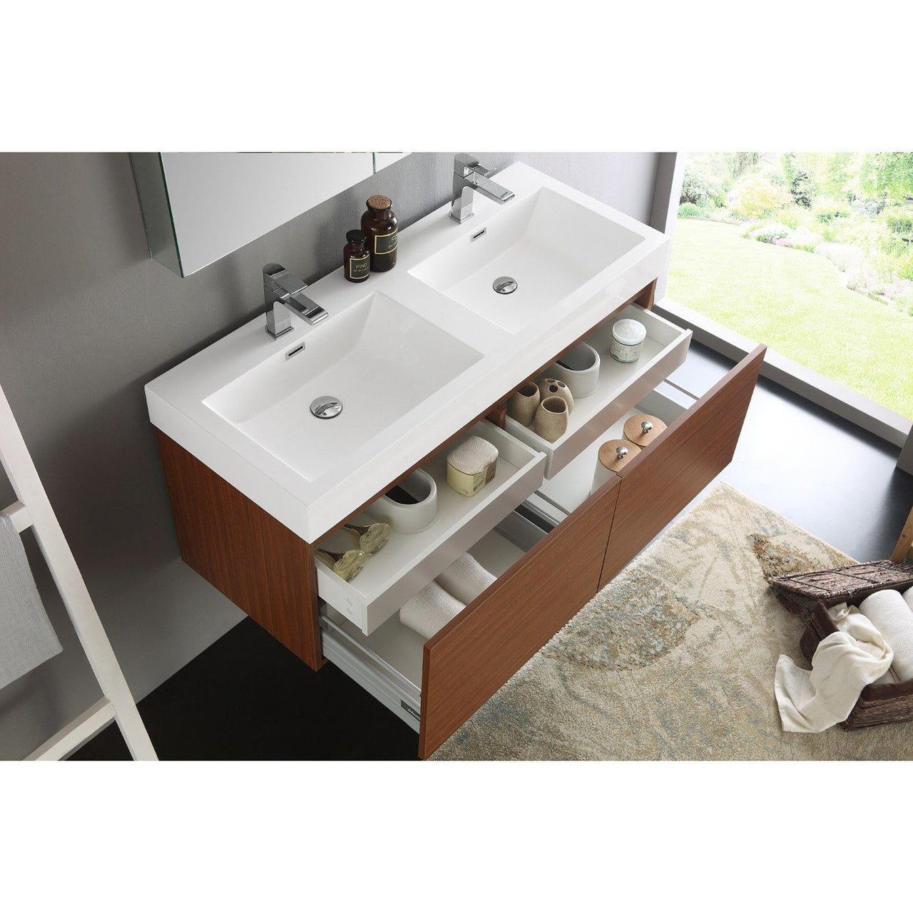 Fresca Mezzo 48" Teak Wall Hung Double Sink Modern Bathroom Vanity w/ Medicine Cabinet & Free Faucet Vanity Fresca 
