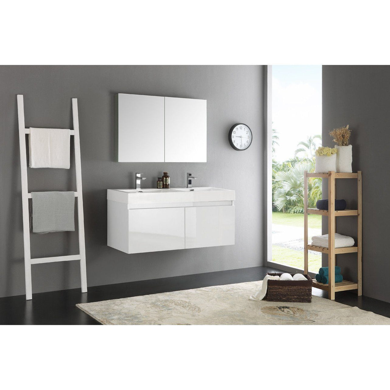 Fresca Mezzo 48" White Wall Hung Double Sink Modern Vanity w/ Medicine Cabinet & Free Faucet Vanity Fresca 