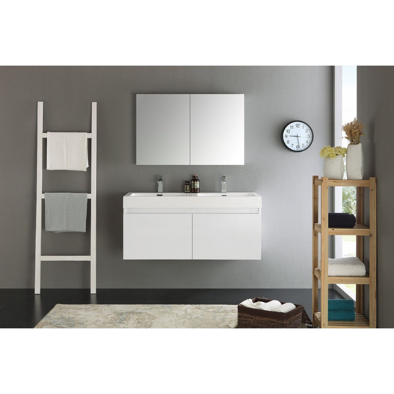 Fresca Mezzo 48" White Wall Hung Double Sink Modern Vanity w/ Medicine Cabinet & Free Faucet Vanity Fresca 