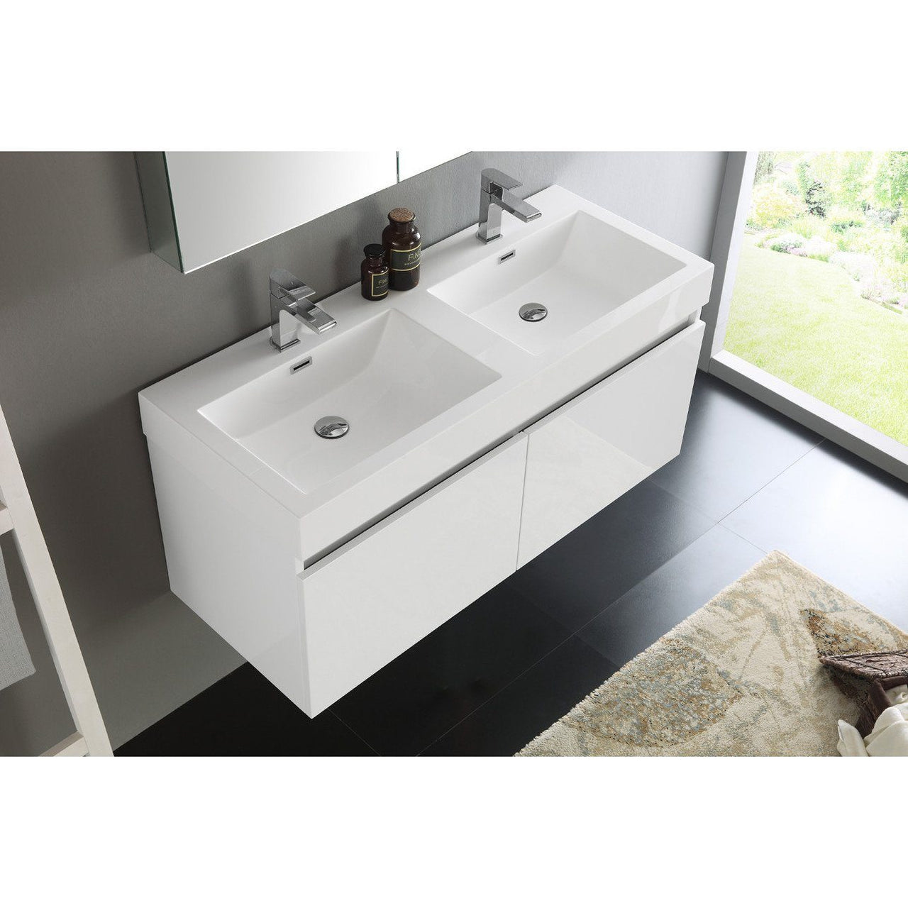 Fresca Mezzo 48" White Wall Hung Double Sink Modern Vanity w/ Medicine Cabinet & Free Faucet Vanity Fresca 