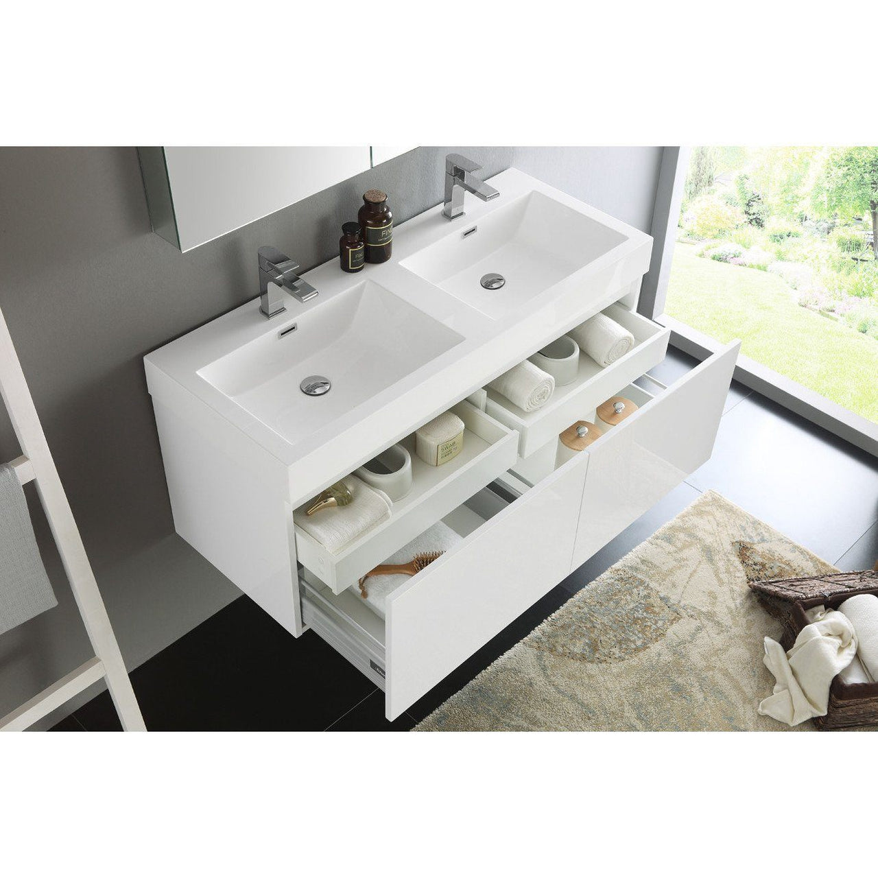 Fresca Mezzo 48" White Wall Hung Double Sink Modern Vanity w/ Medicine Cabinet & Free Faucet Vanity Fresca 