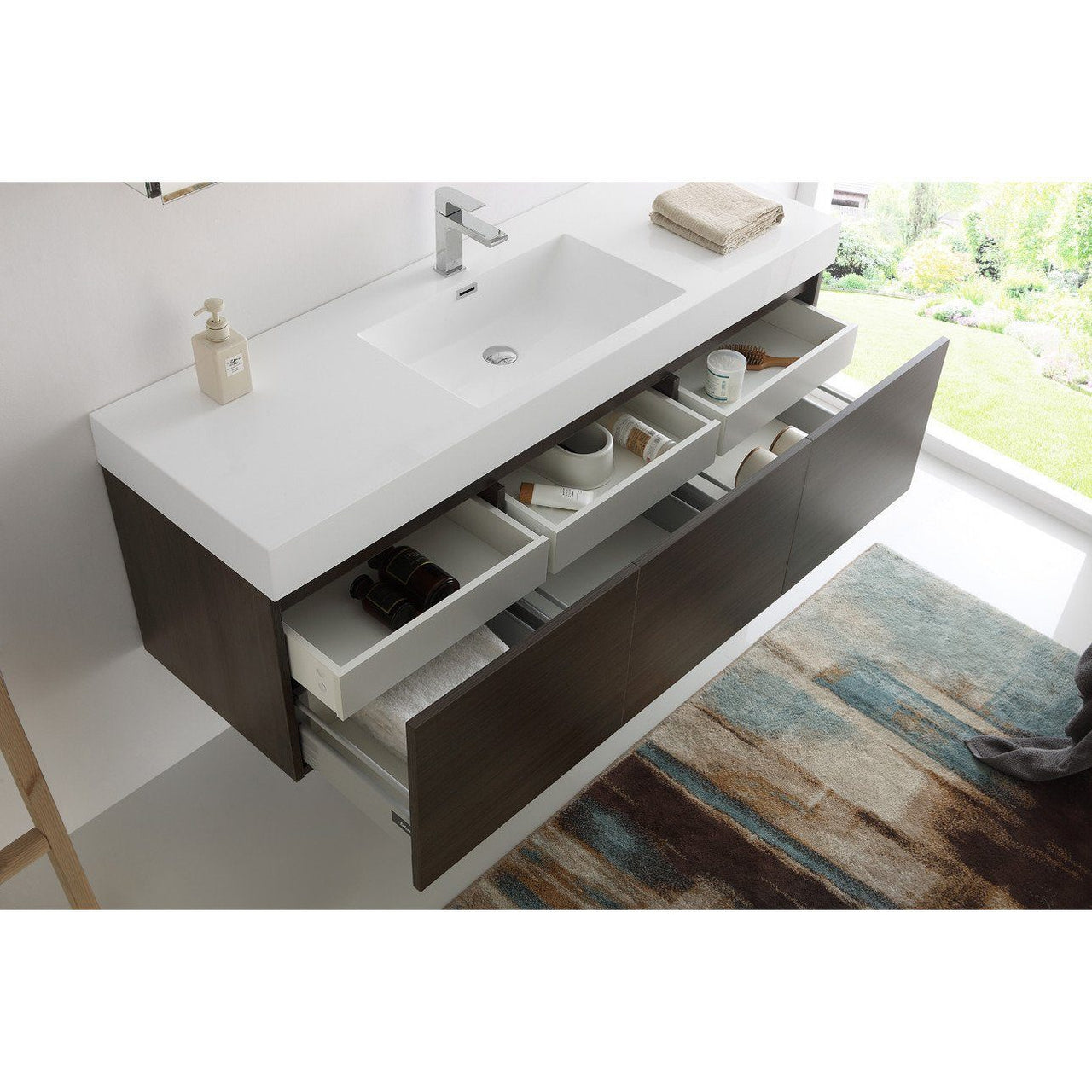 Fresca Mezzo 60" Gray Oak Wall Hung Single Sink Modern Vanity w/ Medicine Cabinet & Free Faucet Vanity Fresca 
