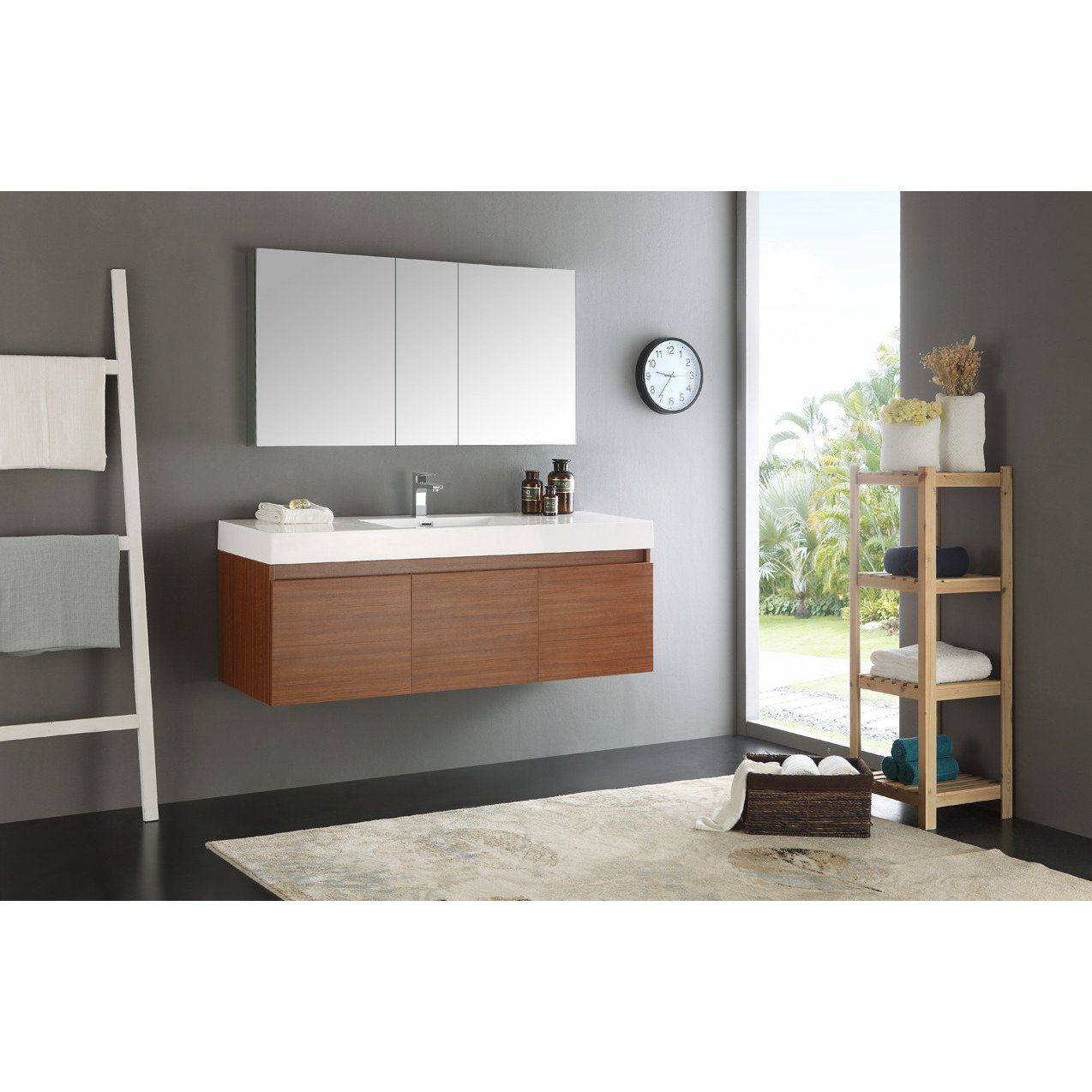 Fresca Mezzo 60" Teak Wall Hung Single Sink Modern Bathroom Vanity w/ Medicine Cabinet & Free Faucet Vanity Fresca 