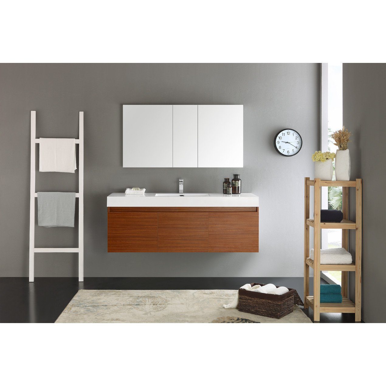 Fresca Mezzo 60" Teak Wall Hung Single Sink Modern Bathroom Vanity w/ Medicine Cabinet & Free Faucet Vanity Fresca 
