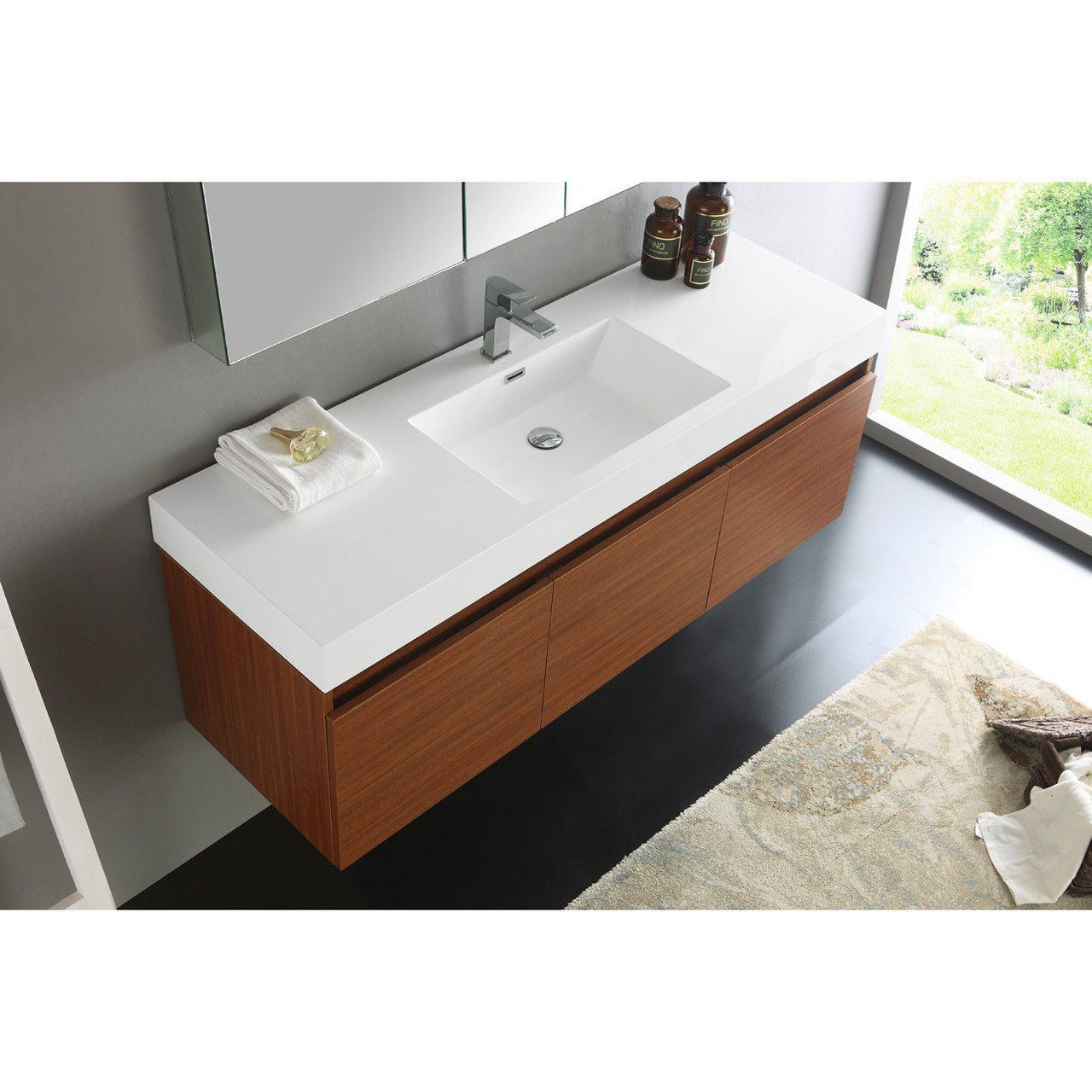 Fresca Mezzo 60" Teak Wall Hung Single Sink Modern Bathroom Vanity w/ Medicine Cabinet & Free Faucet Vanity Fresca 