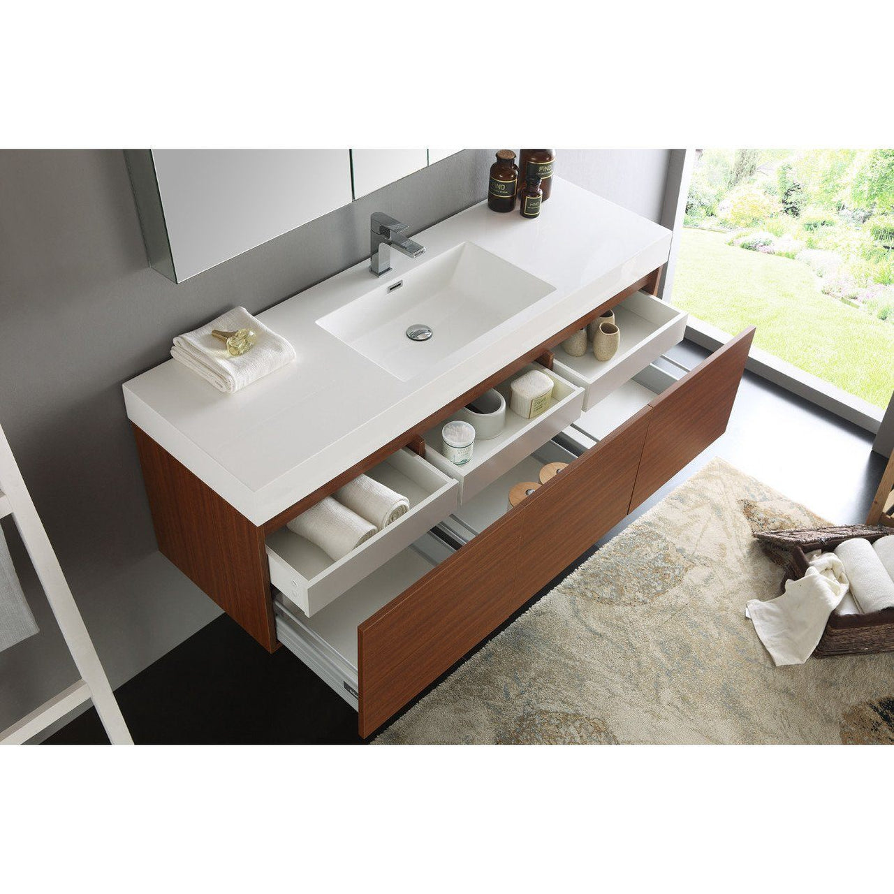 Fresca Mezzo 60" Teak Wall Hung Single Sink Modern Bathroom Vanity w/ Medicine Cabinet & Free Faucet Vanity Fresca 