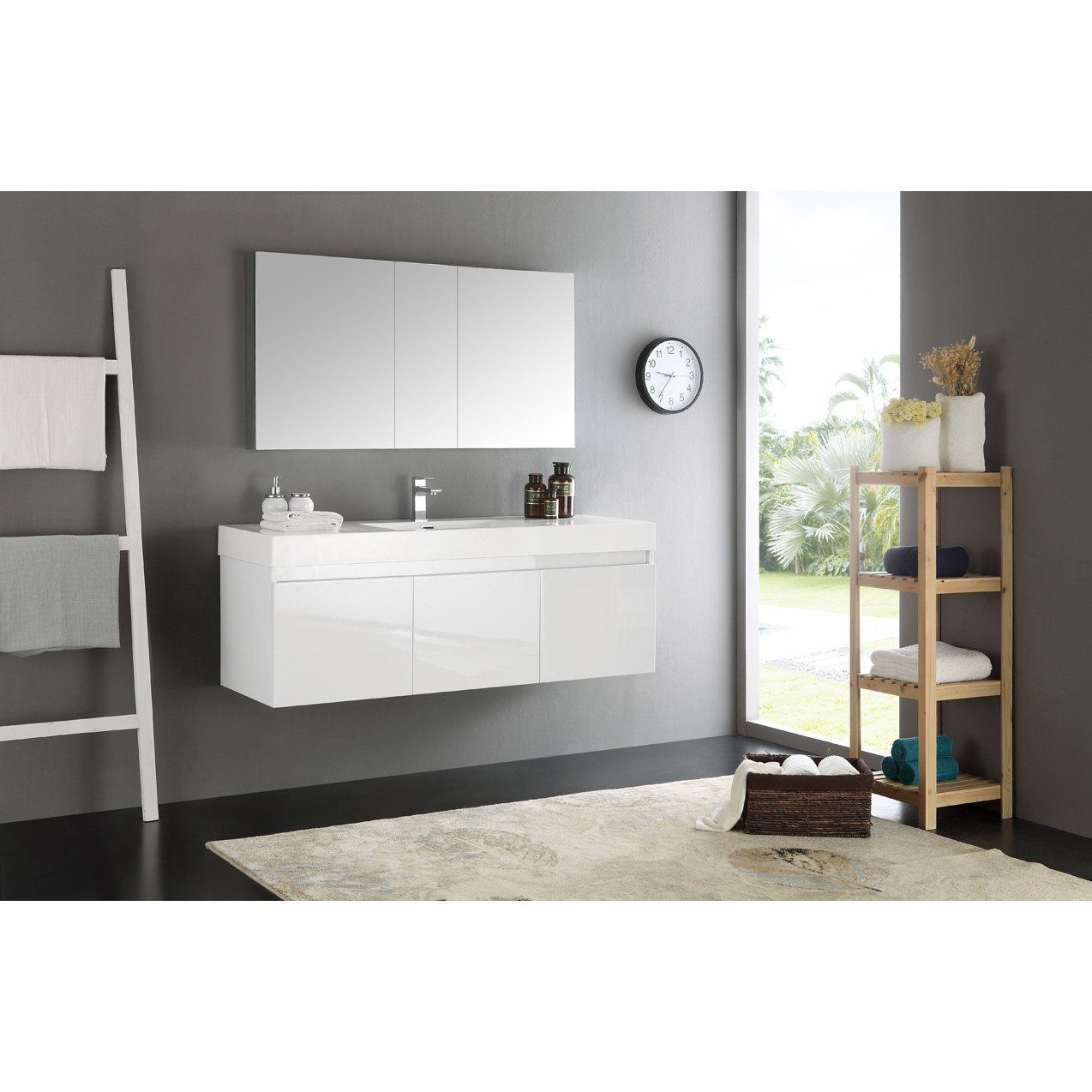 Fresca Mezzo 60" White Wall Hung Single Sink Modern Bathroom Vanity w/ Medicine Cabinet & Free Faucet Vanity Fresca 