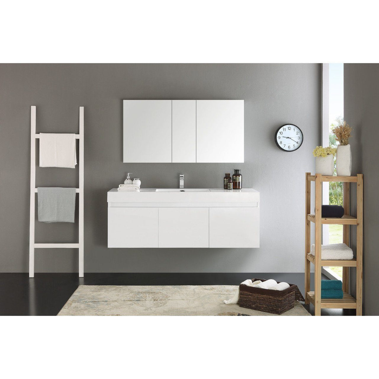 Fresca Mezzo 60" White Wall Hung Single Sink Modern Bathroom Vanity w/ Medicine Cabinet & Free Faucet Vanity Fresca 