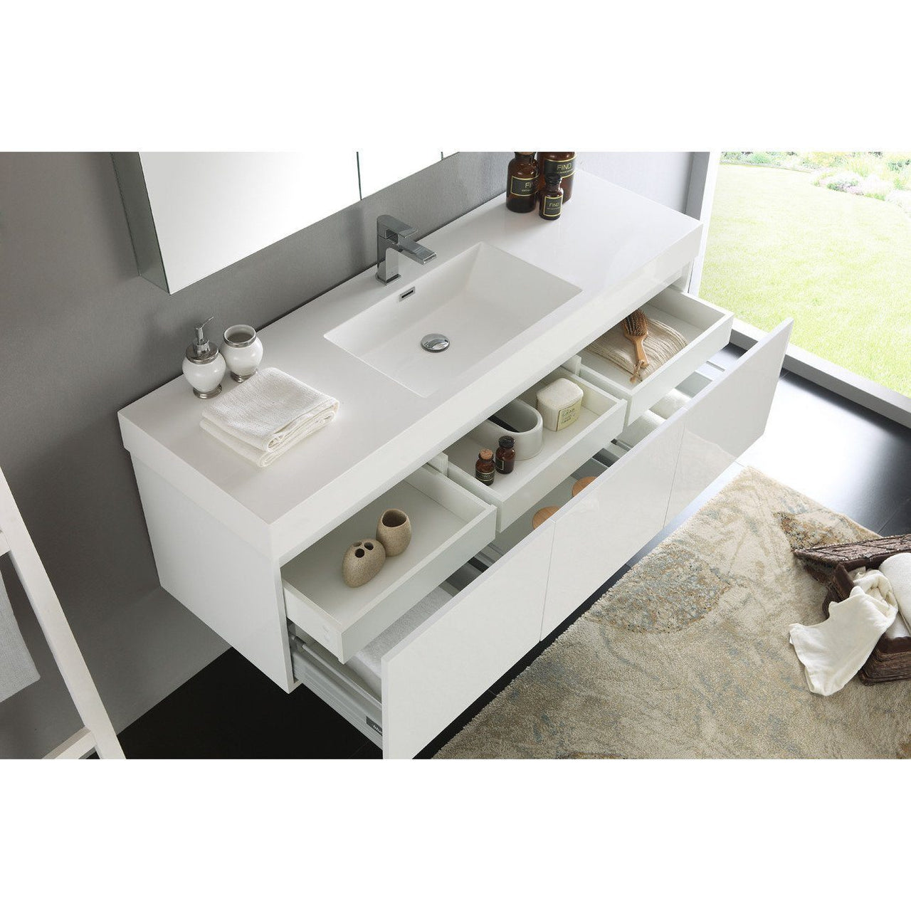 Fresca Mezzo 60" White Wall Hung Single Sink Modern Bathroom Vanity w/ Medicine Cabinet & Free Faucet Vanity Fresca 