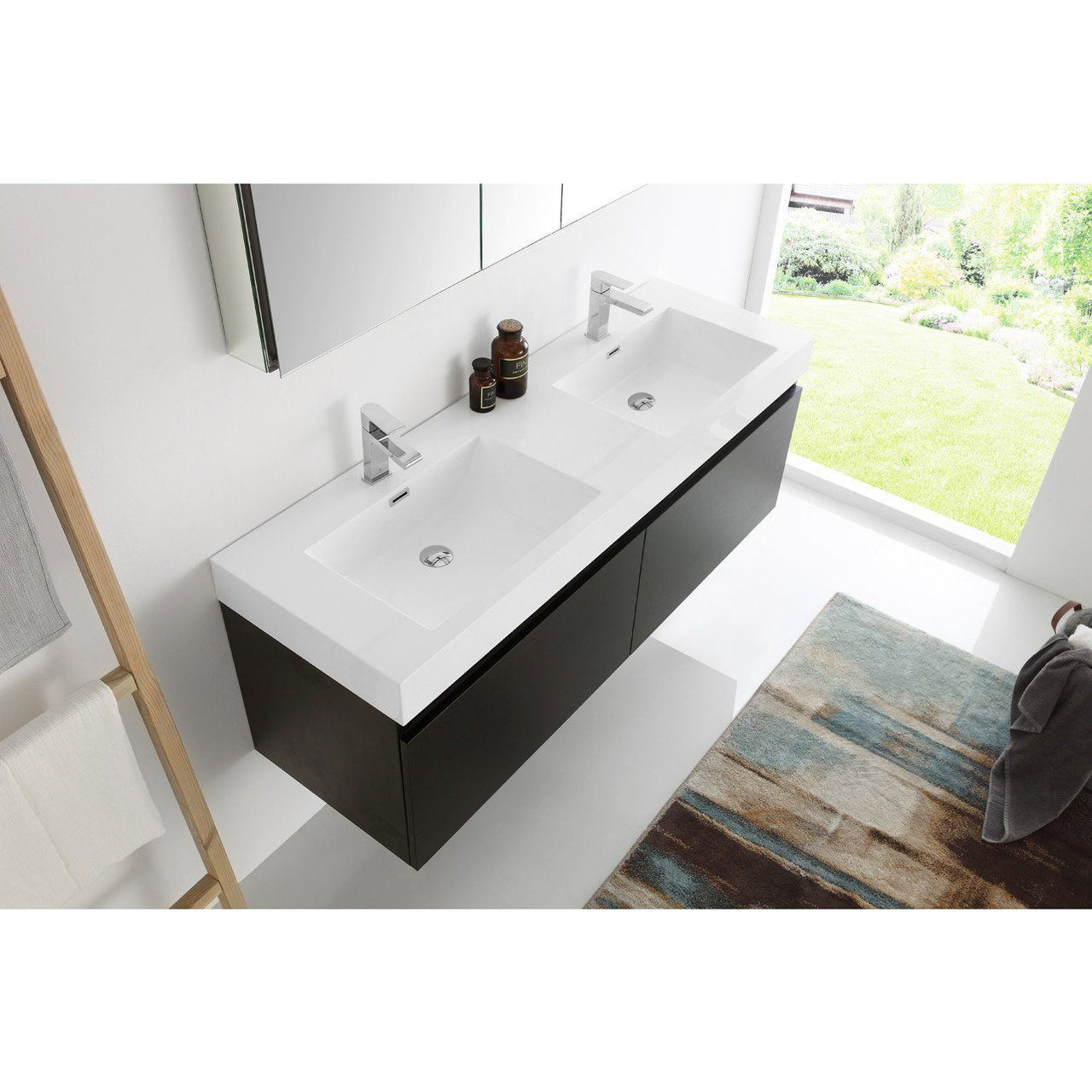 Fresca Mezzo 60" Black Wall Hung Double Sink Modern Bathroom Vanity w/ Medicine Cabinet & Free Faucet Vanity Fresca 