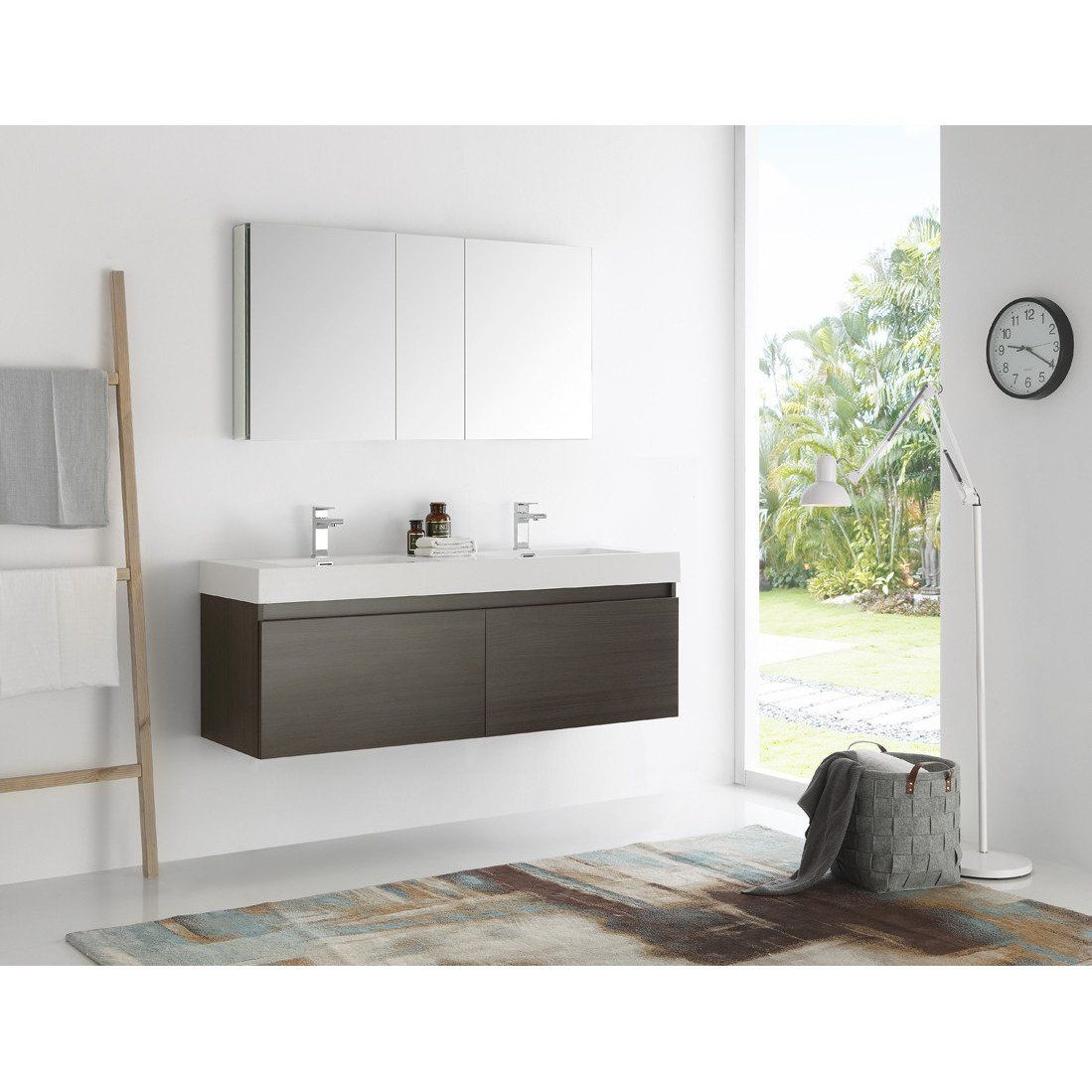 Fresca Mezzo 60" Gray Oak Wall Hung Double Sink Modern Bathroom Vanity w/ Medicine Cabinet & Free Faucet Vanity Fresca 