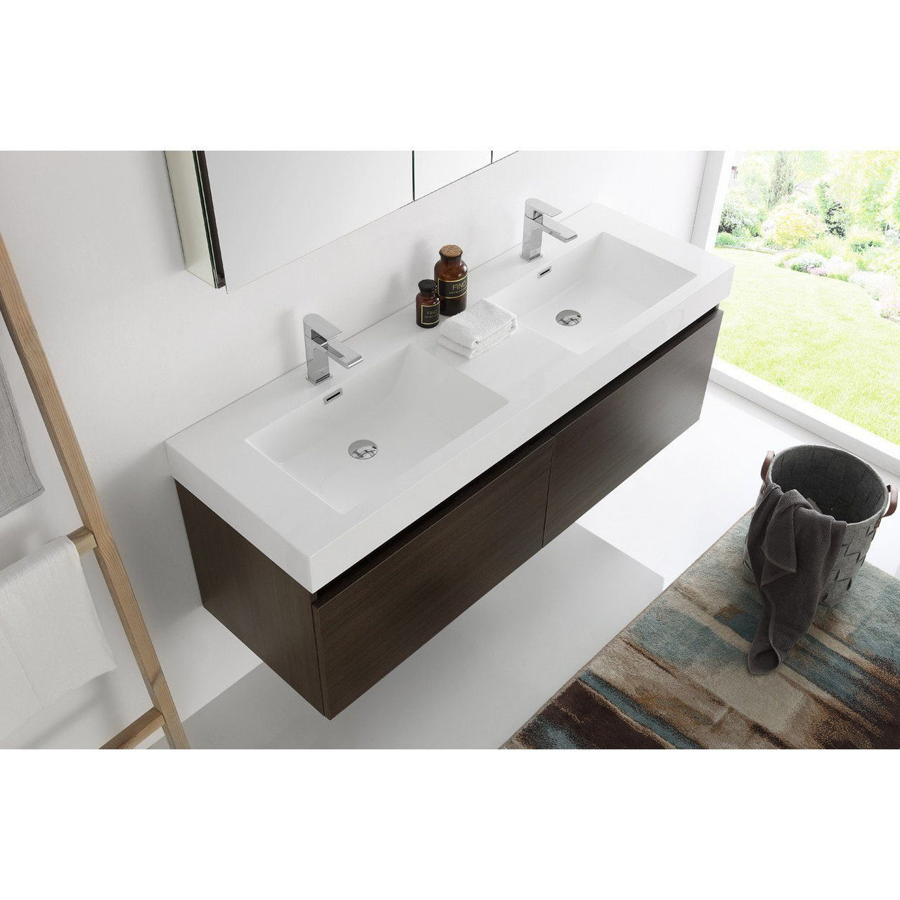 Fresca Mezzo 60" Gray Oak Wall Hung Double Sink Modern Bathroom Vanity w/ Medicine Cabinet & Free Faucet Vanity Fresca 
