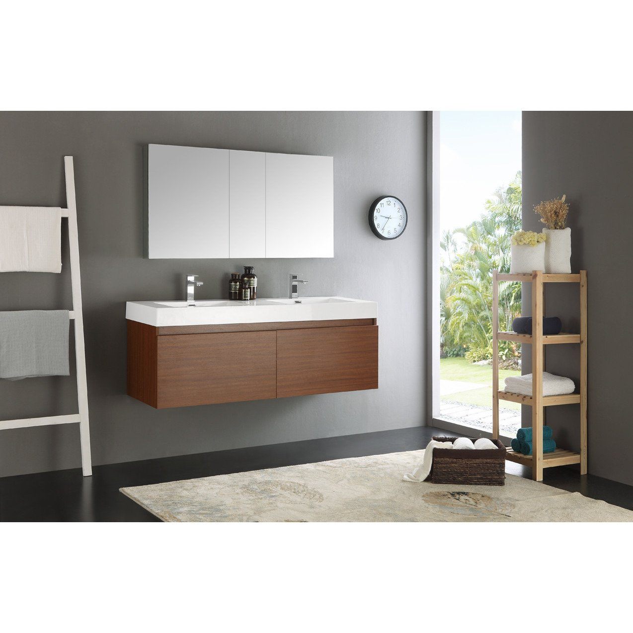 Fresca Mezzo 60" Teak Wall Hung Double Sink Modern Bathroom Vanity w/ Medicine Cabinet & Free Faucet Vanity Fresca 