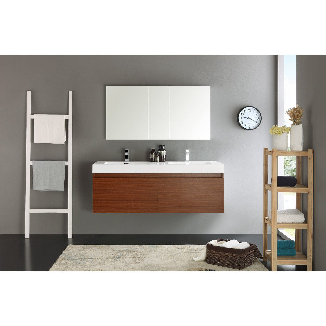 Fresca Mezzo 60" Teak Wall Hung Double Sink Modern Bathroom Vanity w/ Medicine Cabinet & Free Faucet Vanity Fresca 