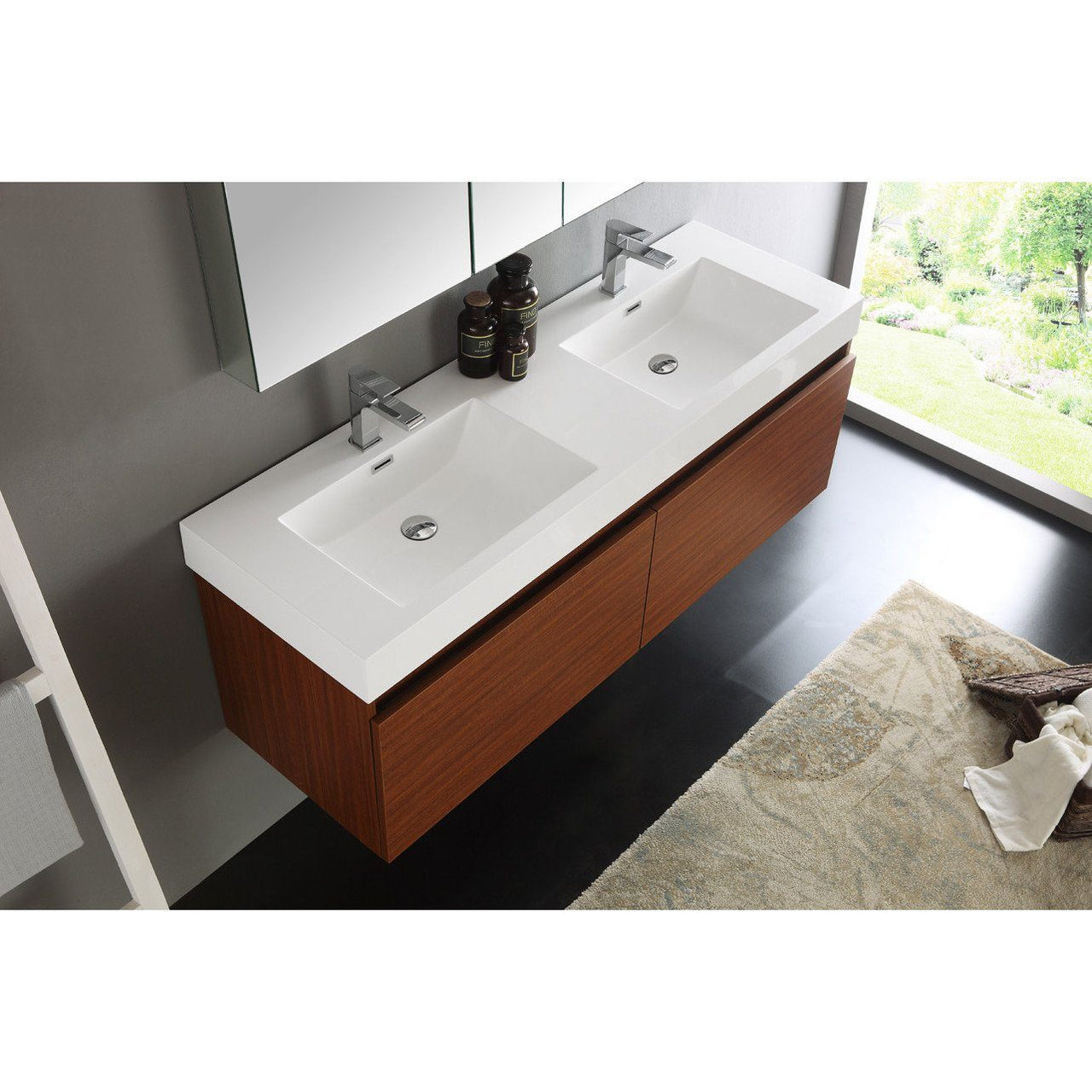 Fresca Mezzo 60" Teak Wall Hung Double Sink Modern Bathroom Vanity w/ Medicine Cabinet & Free Faucet Vanity Fresca 