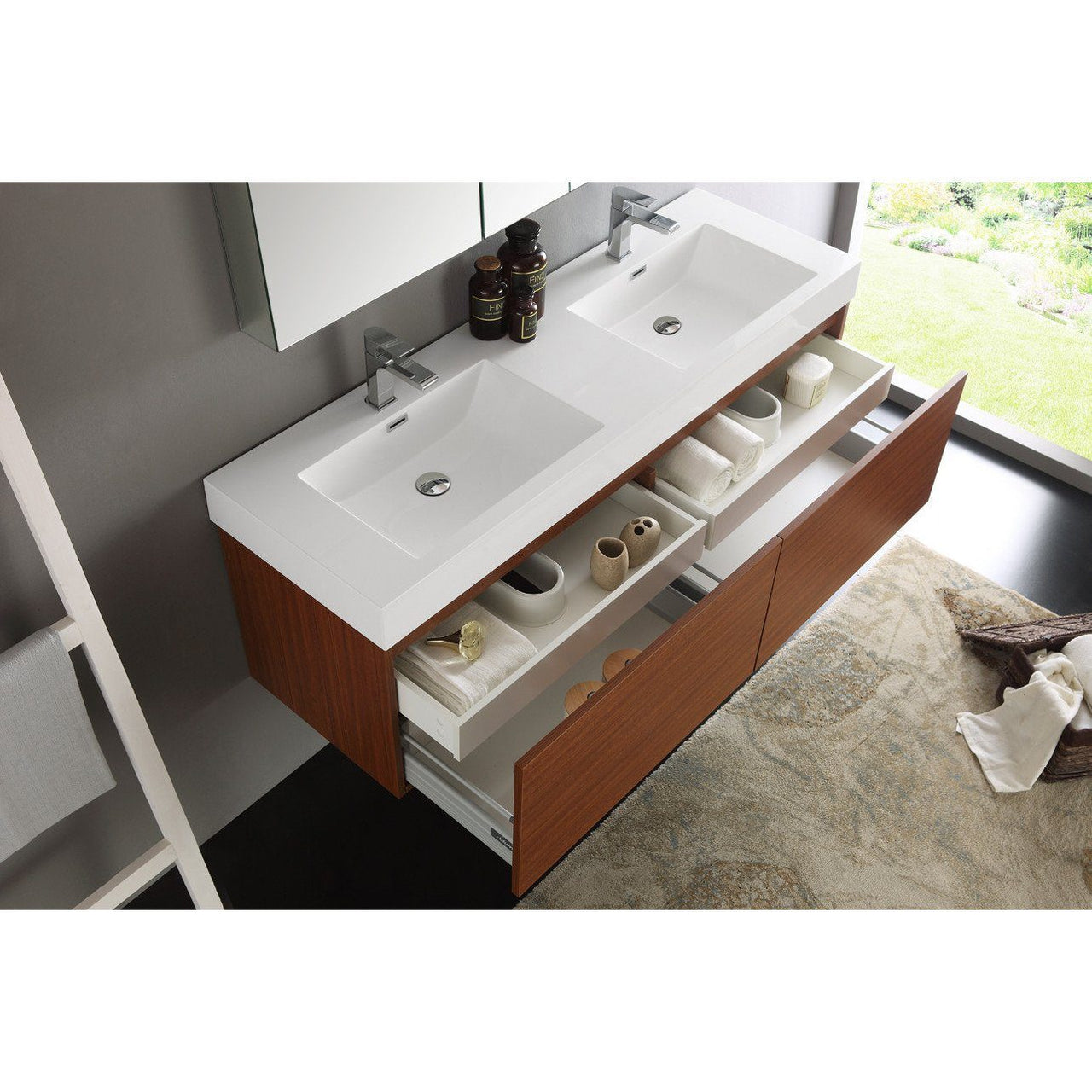 Fresca Mezzo 60" Teak Wall Hung Double Sink Modern Bathroom Vanity w/ Medicine Cabinet & Free Faucet Vanity Fresca 