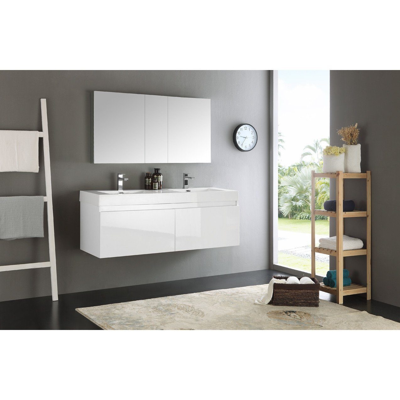 Fresca Mezzo 60" White Wall Hung Double Sink Modern Bathroom Vanity w/ Medicine Cabinet & Free Faucet Vanity Fresca 