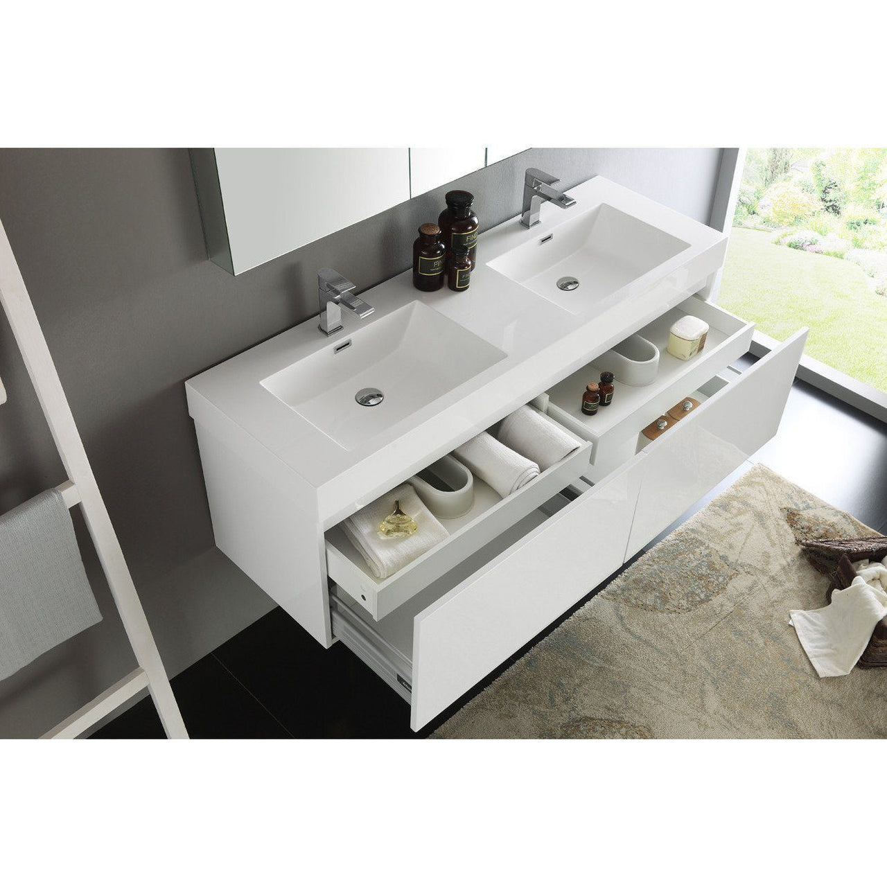 Fresca Mezzo 60" White Wall Hung Double Sink Modern Bathroom Vanity w/ Medicine Cabinet & Free Faucet Vanity Fresca 