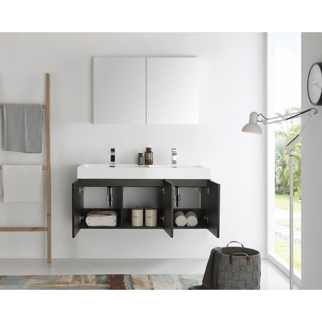 Fresca Vista 48" Black Wall Hung Double Sink Modern Vanity w/ Medicine Cabinet & Free Faucet Vanity Fresca 