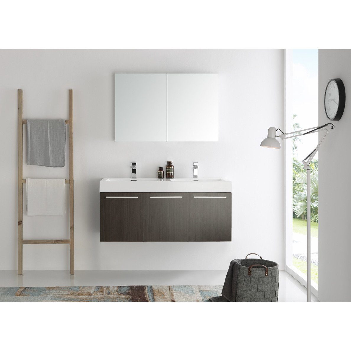 Fresca Vista 48" Gray Oak Wall Hung Double Sink Modern Bathroom Vanity w/ Medicine Cabinet & Free Faucet Vanity Fresca 