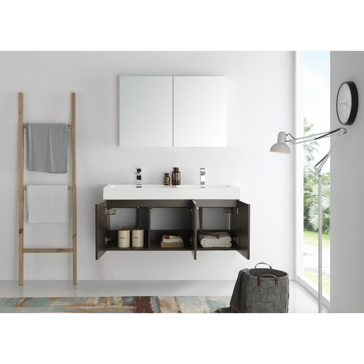 Fresca Vista 48" Gray Oak Wall Hung Double Sink Modern Bathroom Vanity w/ Medicine Cabinet & Free Faucet Vanity Fresca 