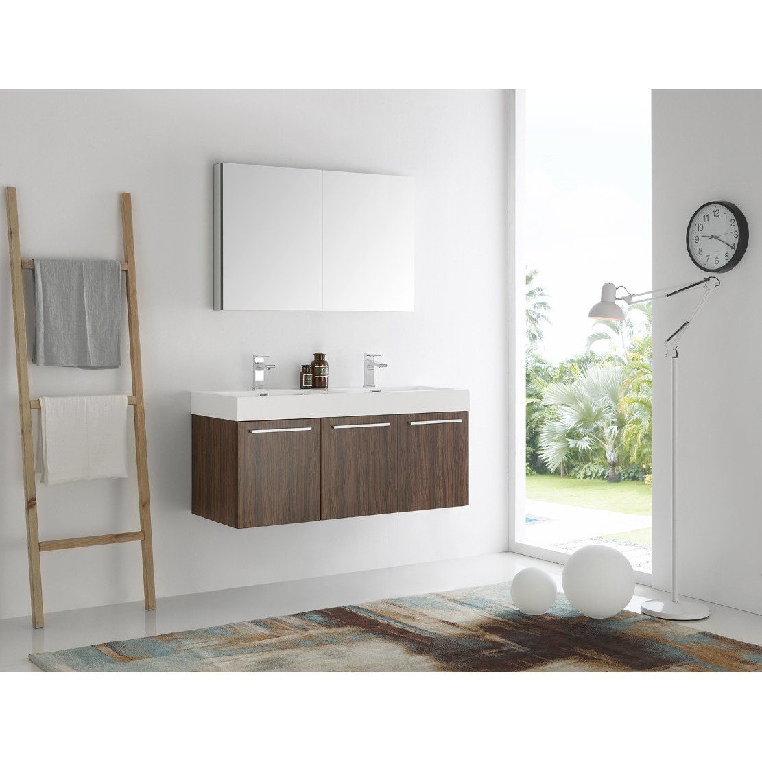 Fresca Vista 48" Walnut Wall Hung Double Sink Modern Bathroom Vanity w/ Medicine Cabinet & Free Faucet Vanity Fresca 