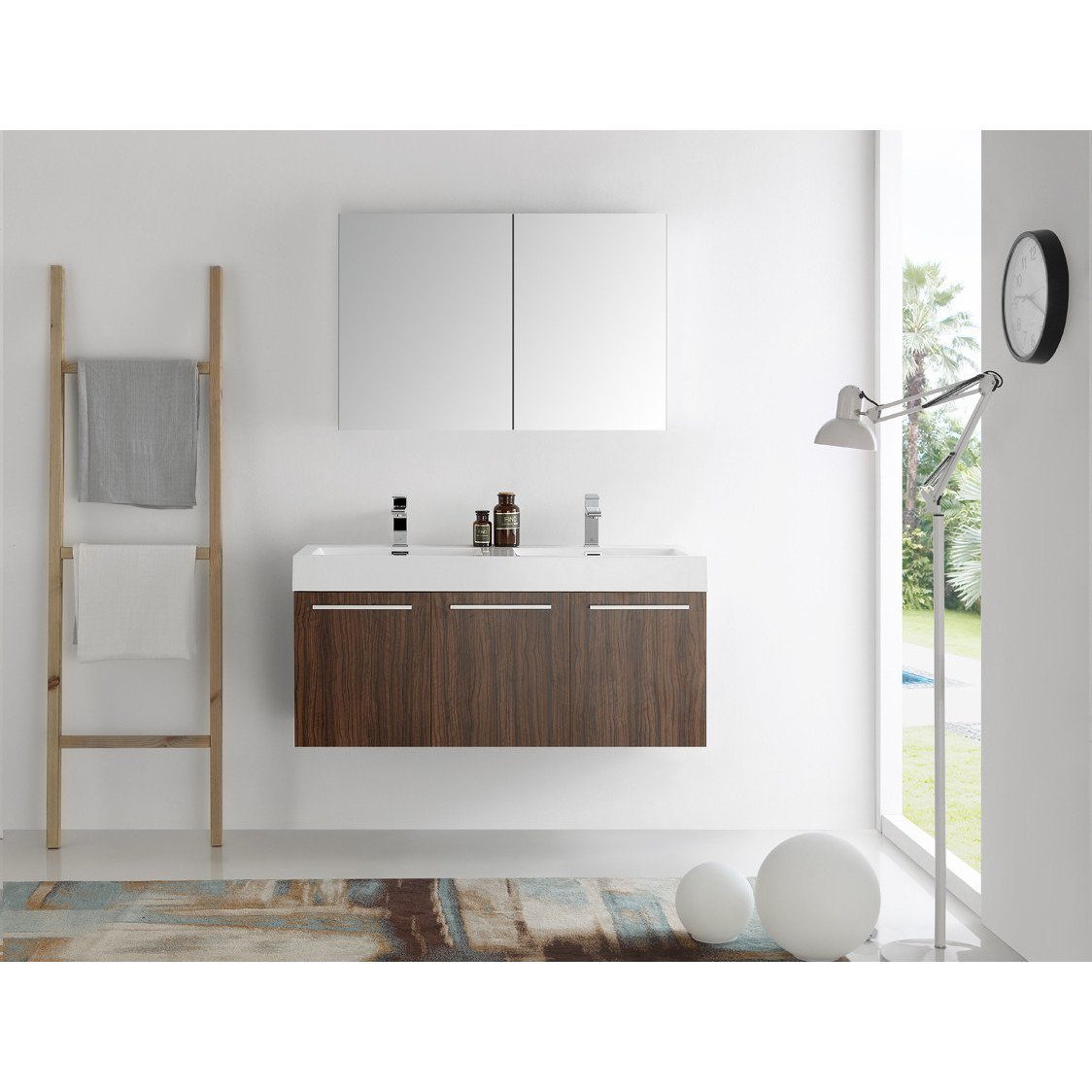 Fresca Vista 48" Walnut Wall Hung Double Sink Modern Bathroom Vanity w/ Medicine Cabinet & Free Faucet Vanity Fresca 