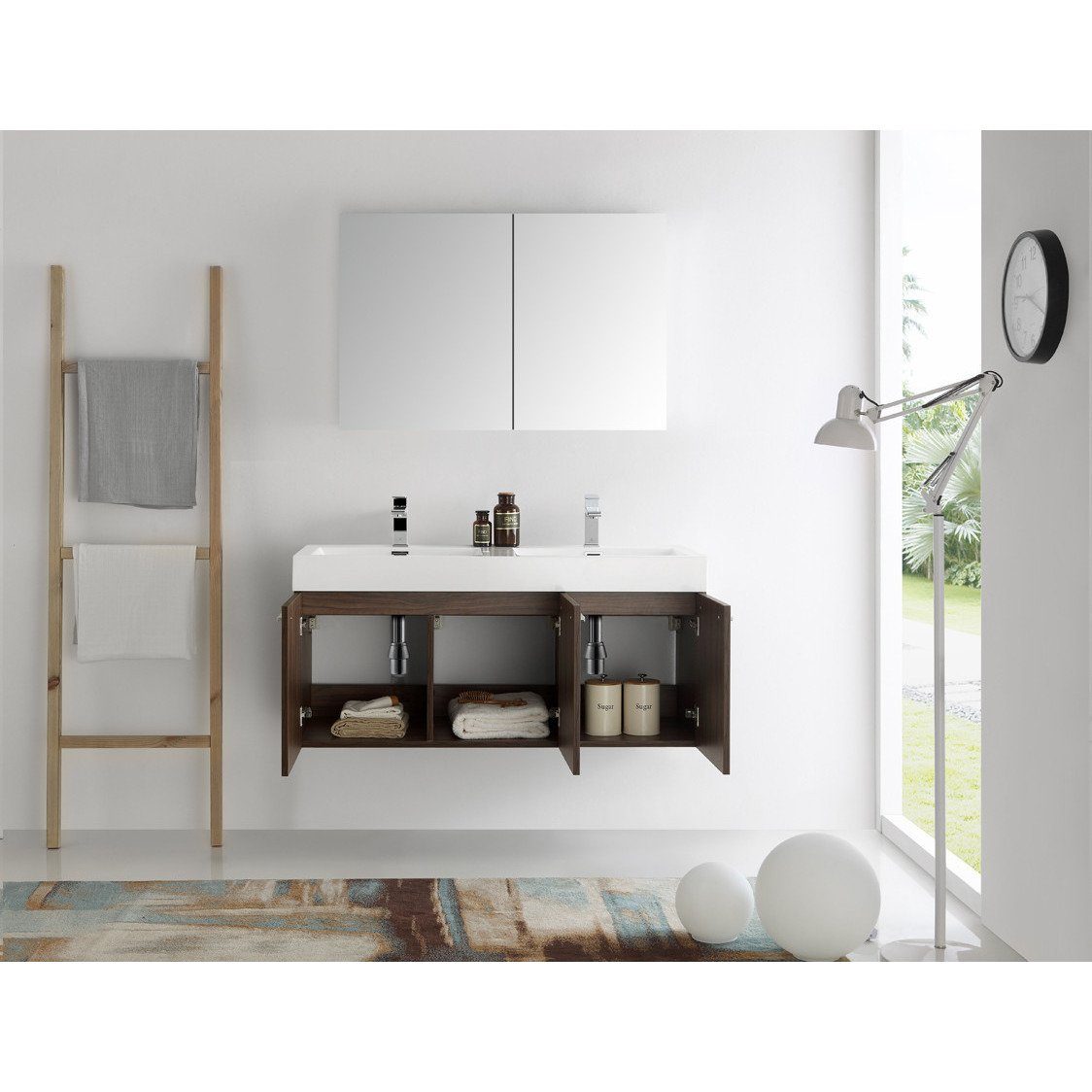 Fresca Vista 48" Walnut Wall Hung Double Sink Modern Bathroom Vanity w/ Medicine Cabinet & Free Faucet Vanity Fresca 