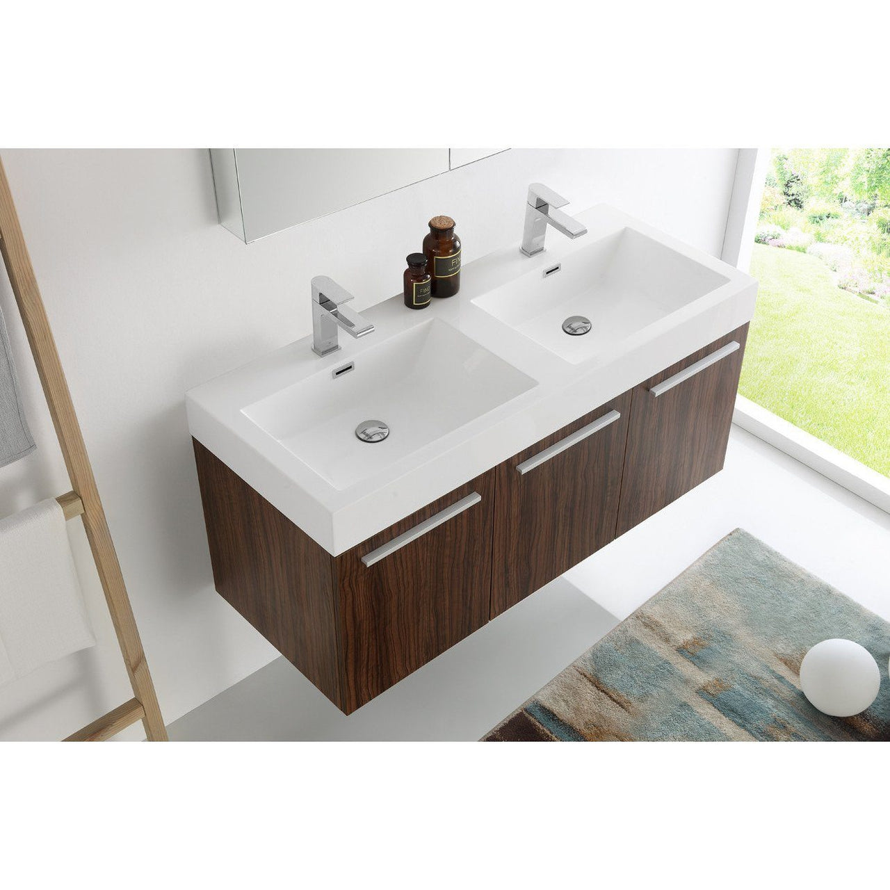 Fresca Vista 48" Walnut Wall Hung Double Sink Modern Bathroom Vanity w/ Medicine Cabinet & Free Faucet Vanity Fresca 