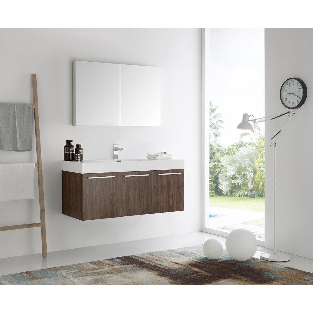 Fresca Vista 48" Walnut Wall Hung Modern Bathroom Vanity w/ Medicine Cabinet & Free Faucet Vanity Fresca 