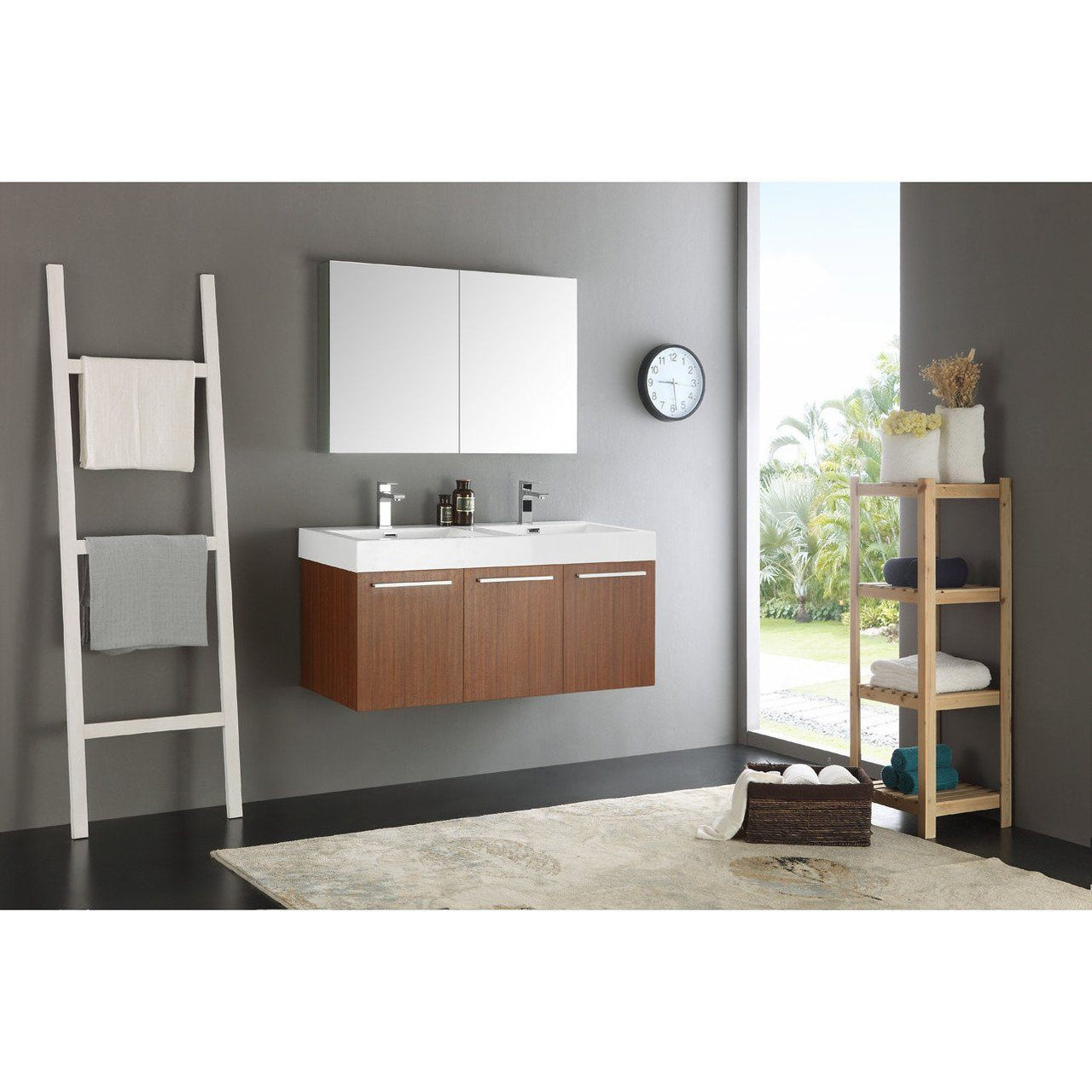 Fresca Vista 48" Teak Wall Hung Double Sink Modern Vanity w/ Medicine Cabinet & Free Faucet Vanity Fresca 