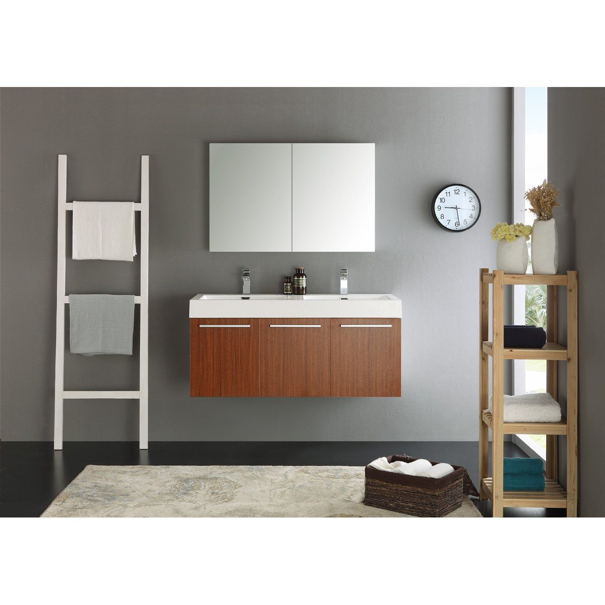 Fresca Vista 48" Teak Wall Hung Double Sink Modern Vanity w/ Medicine Cabinet & Free Faucet Vanity Fresca 