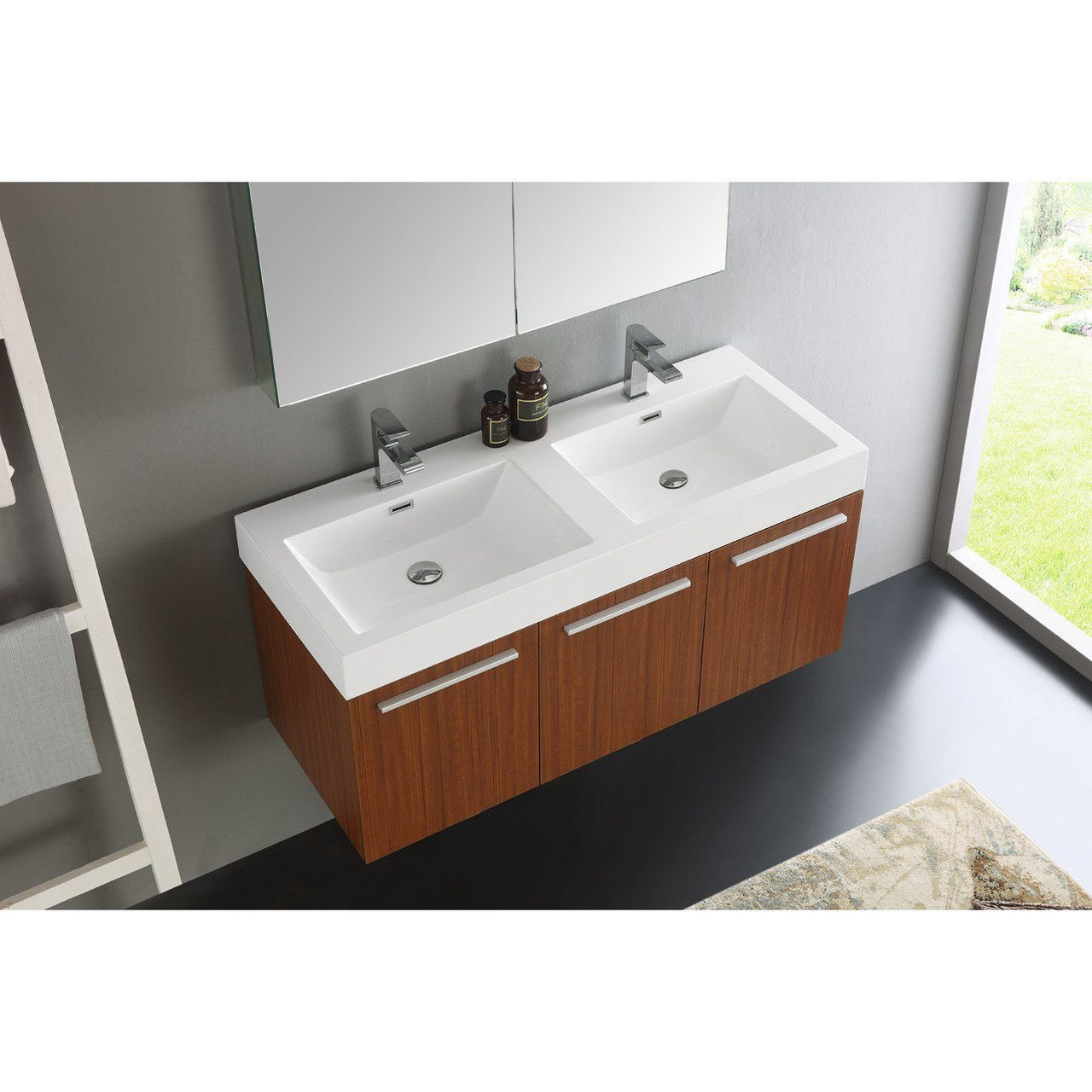 Fresca Vista 48" Teak Wall Hung Double Sink Modern Vanity w/ Medicine Cabinet & Free Faucet Vanity Fresca 