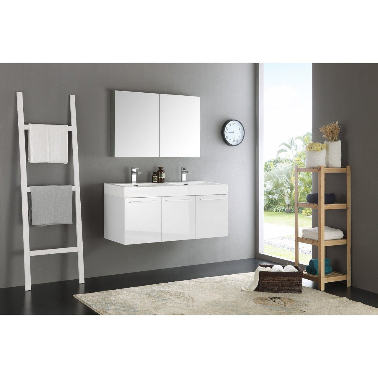 Fresca Vista 48" White Wall Hung Double Sink Modern Bathroom Vanity w/ Medicine Cabinet & Free Faucet Vanity Fresca 