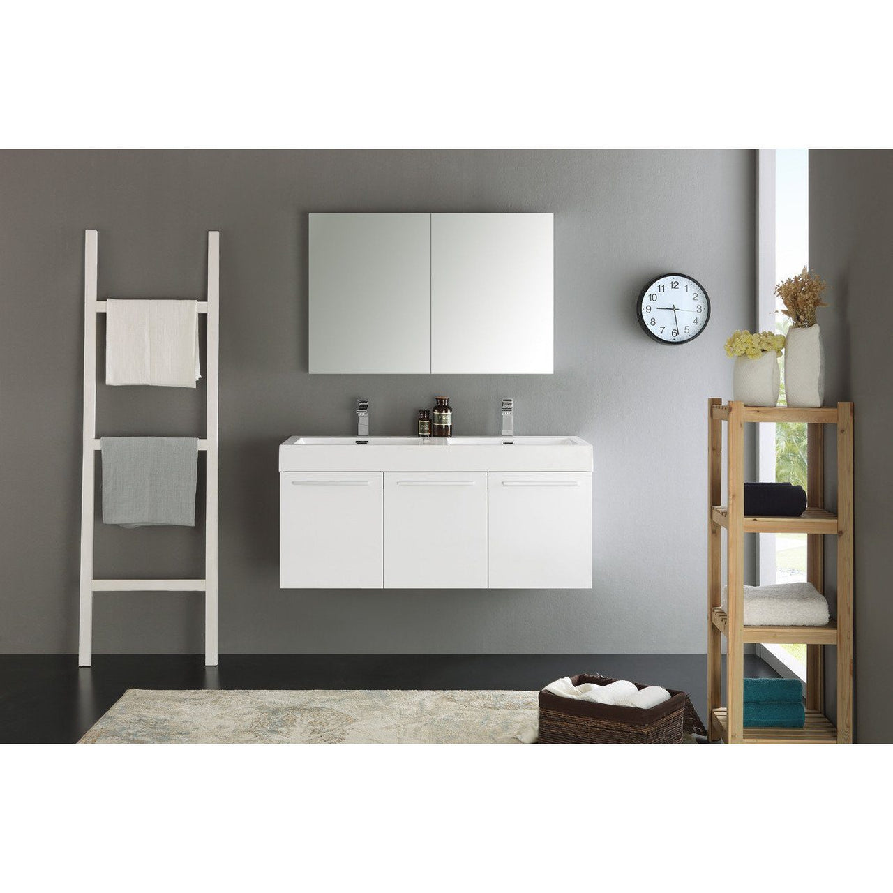 Fresca Vista 48" White Wall Hung Double Sink Modern Bathroom Vanity w/ Medicine Cabinet & Free Faucet Vanity Fresca 