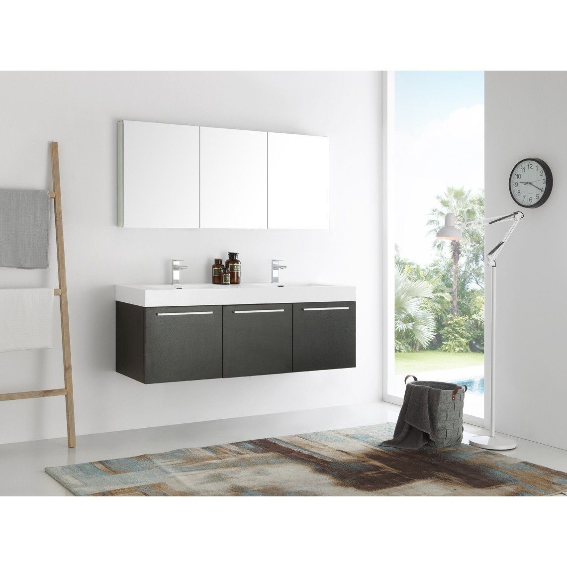 Fresca Vista 60" Black Wall Hung Double Sink Modern Vanity w/ Medicine Cabinet & Free Faucet Vanity Fresca 