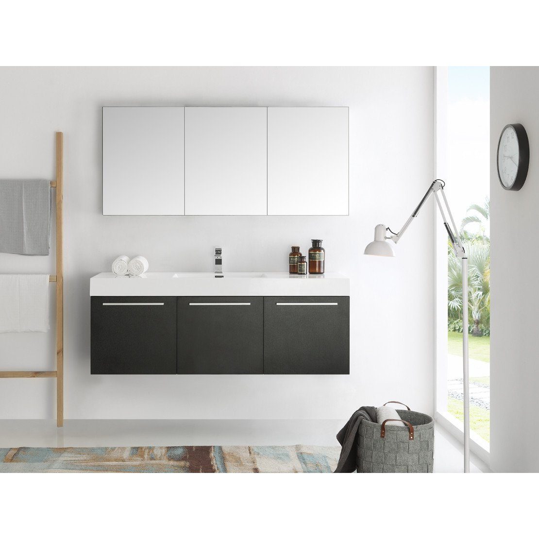 Fresca Vista 60" Black Wall Hung Single Sink Modern Vanity w/ Medicine Cabinet & Free Faucet Vanity Fresca 