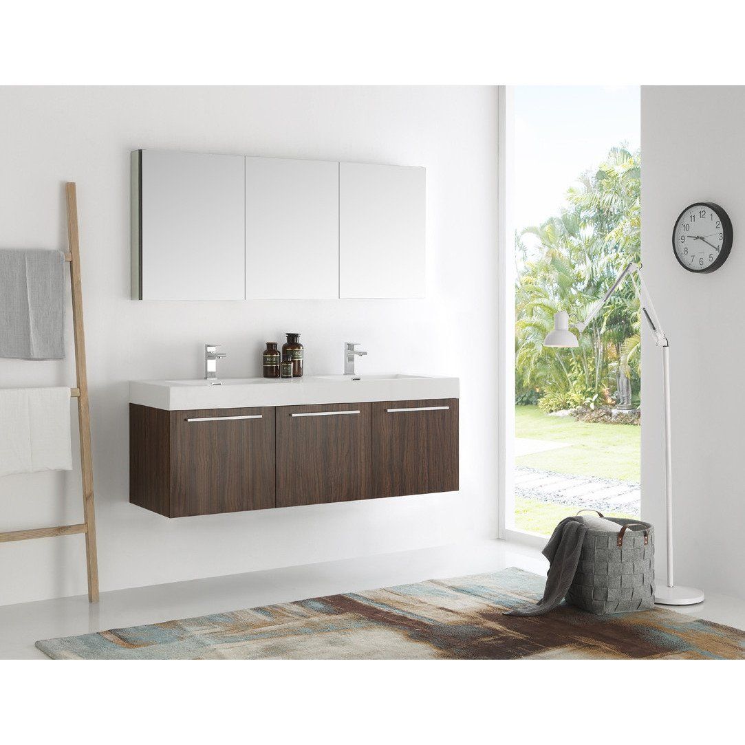 Fresca Vista 60" Walnut Wall Hung Double Sink Modern Bathroom Vanity w/ Medicine Cabinet & Free Faucet Vanity Fresca 