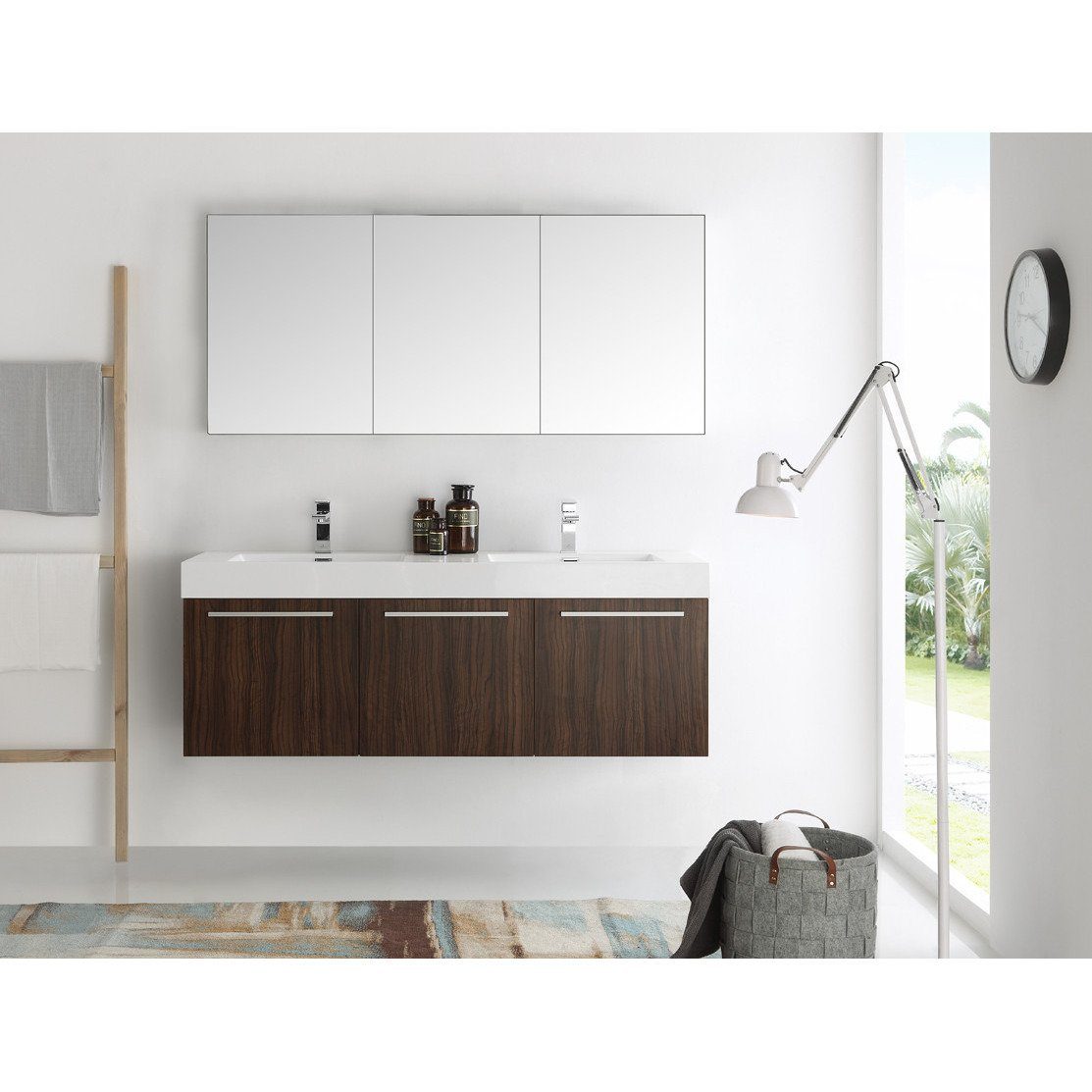 Fresca Vista 60" Walnut Wall Hung Double Sink Modern Bathroom Vanity w/ Medicine Cabinet & Free Faucet Vanity Fresca 