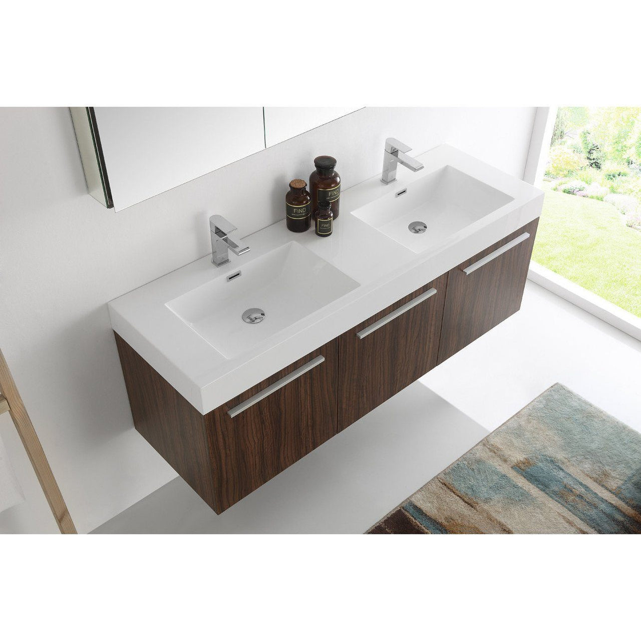 Fresca Vista 60" Walnut Wall Hung Double Sink Modern Bathroom Vanity w/ Medicine Cabinet & Free Faucet Vanity Fresca 