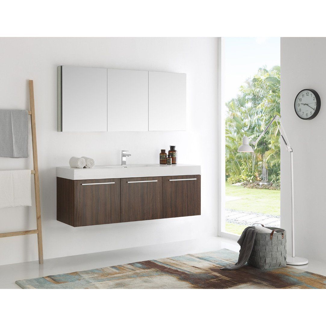 Fresca Vista 60" Walnut Wall Hung Single Sink Modern Bathroom Vanity w/ Medicine Cabinet & Free Faucet Vanity Fresca 