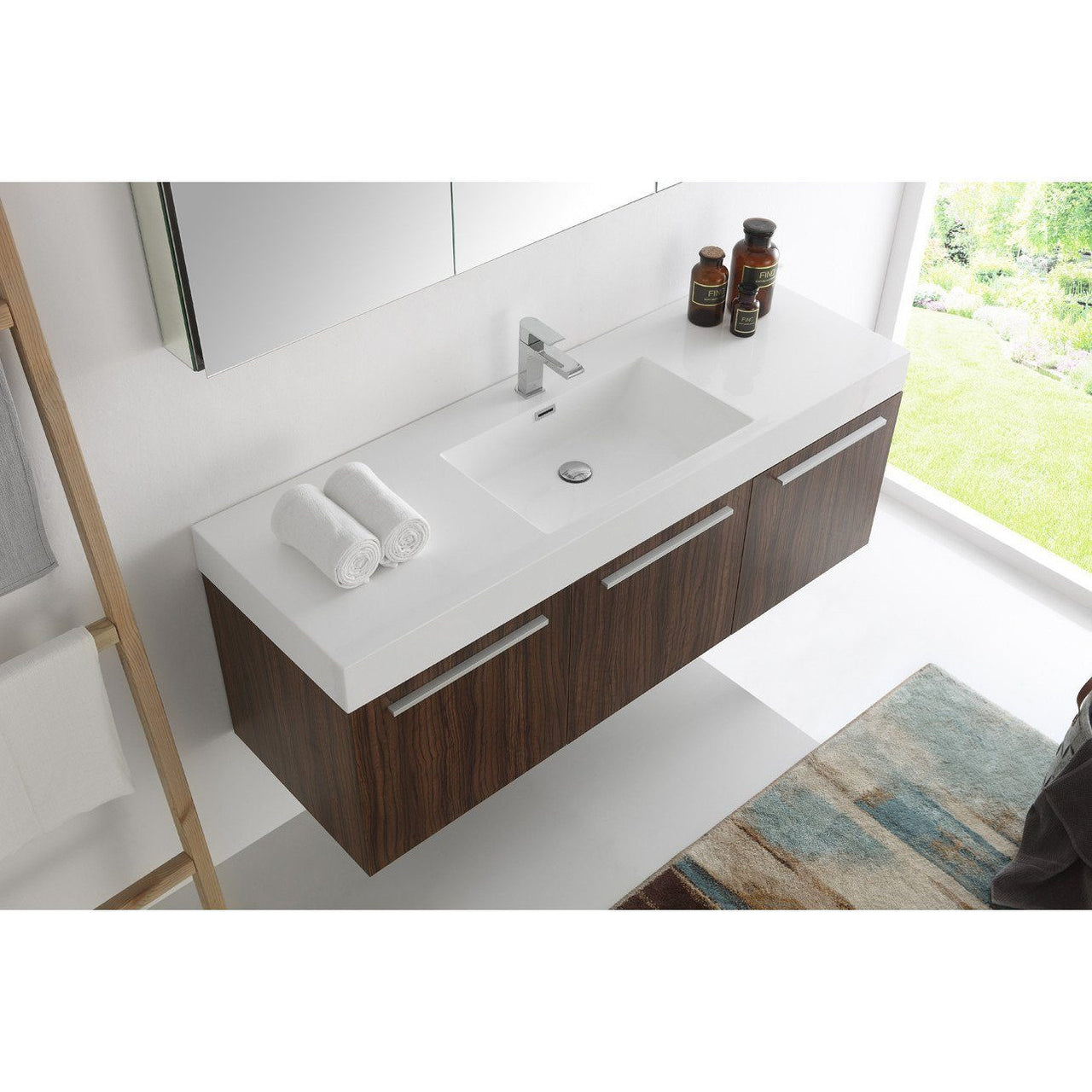 Fresca Vista 60" Walnut Wall Hung Single Sink Modern Bathroom Vanity w/ Medicine Cabinet & Free Faucet Vanity Fresca 