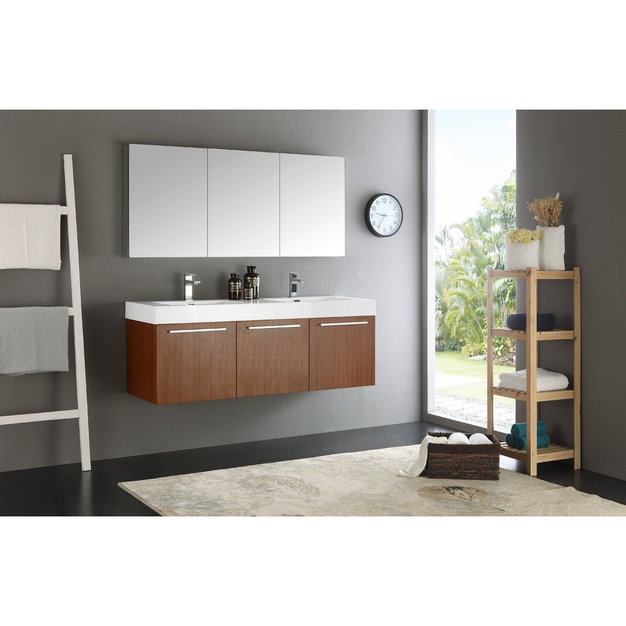 Fresca Vista 60" Teak Wall Hung Double Sink Modern Bathroom Vanity w/ Medicine Cabinet & Free Faucet Vanity Fresca 