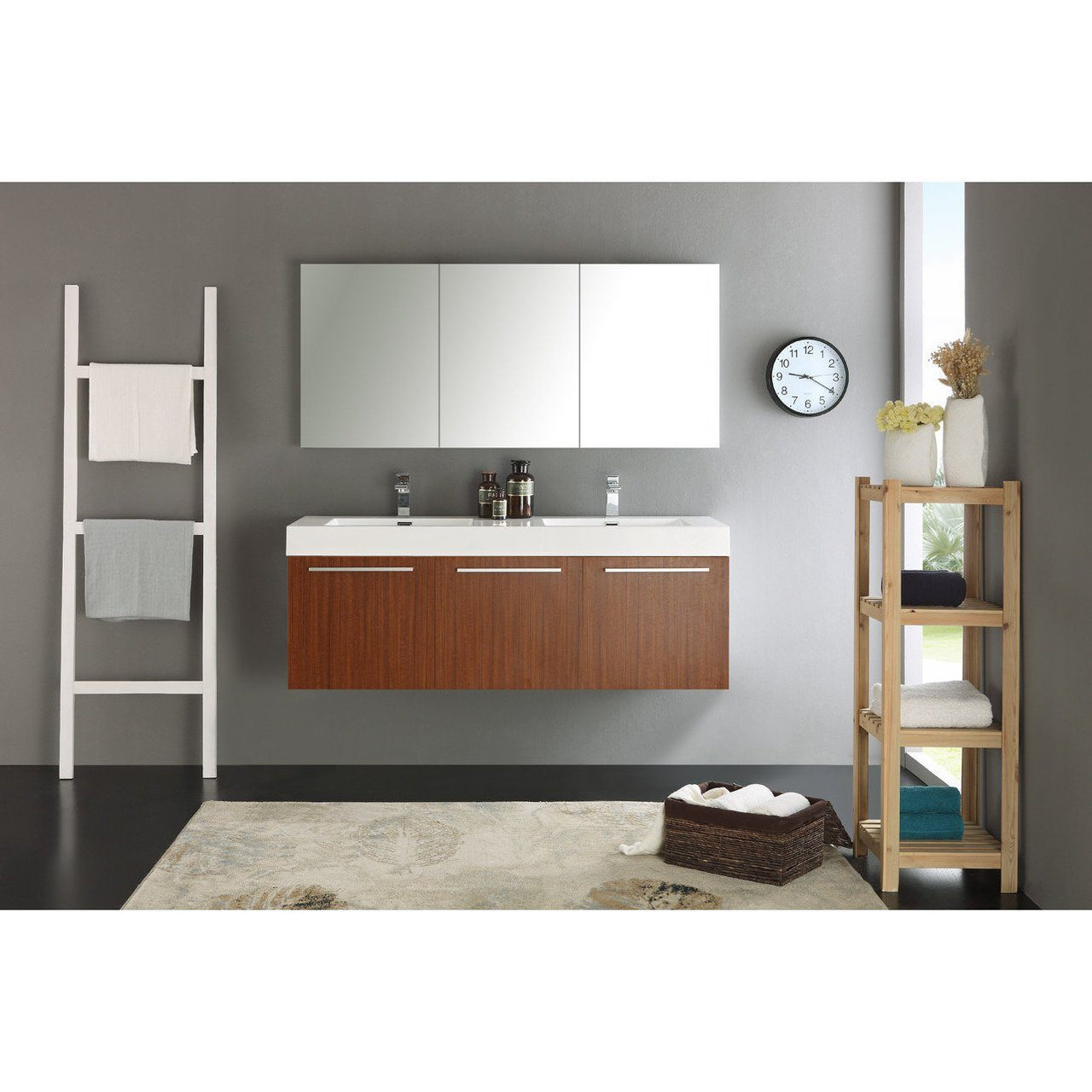 Fresca Vista 60" Teak Wall Hung Double Sink Modern Bathroom Vanity w/ Medicine Cabinet & Free Faucet Vanity Fresca 